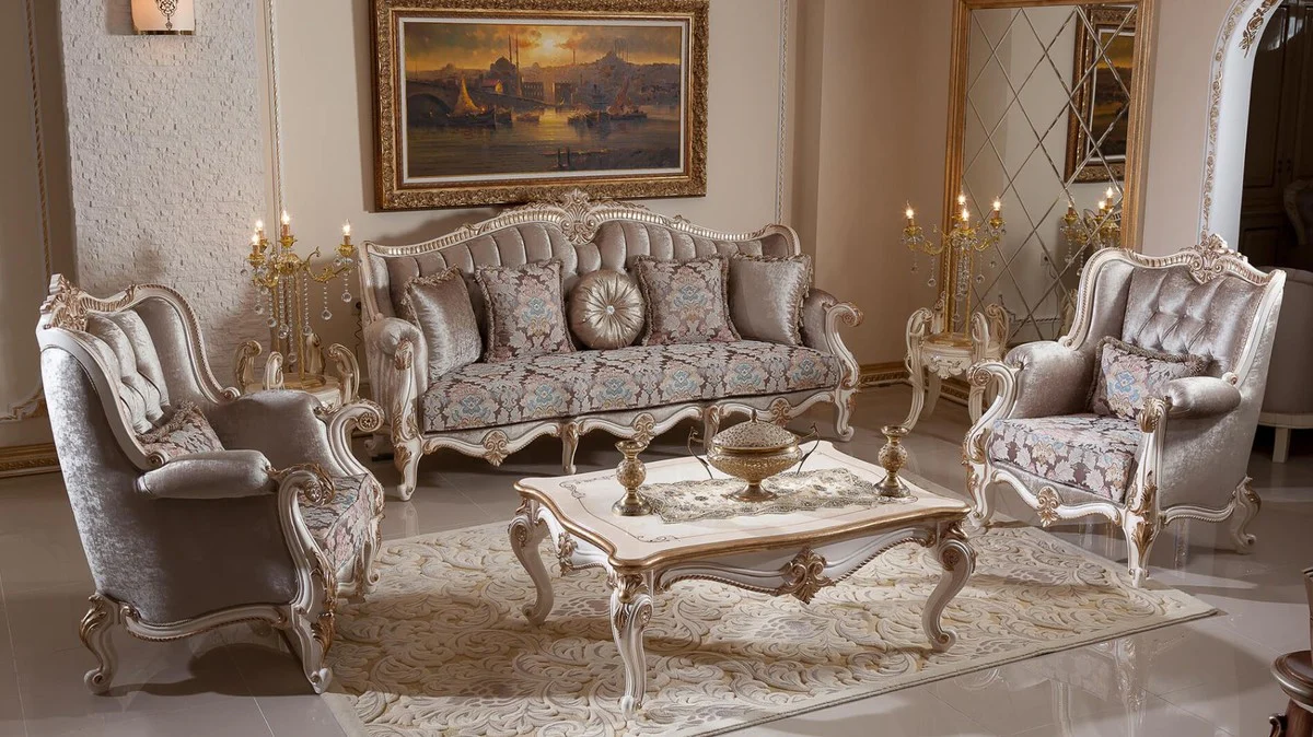 Luxus Barock Wohnzimmer Möbel Set Braun / Weiß / Gold