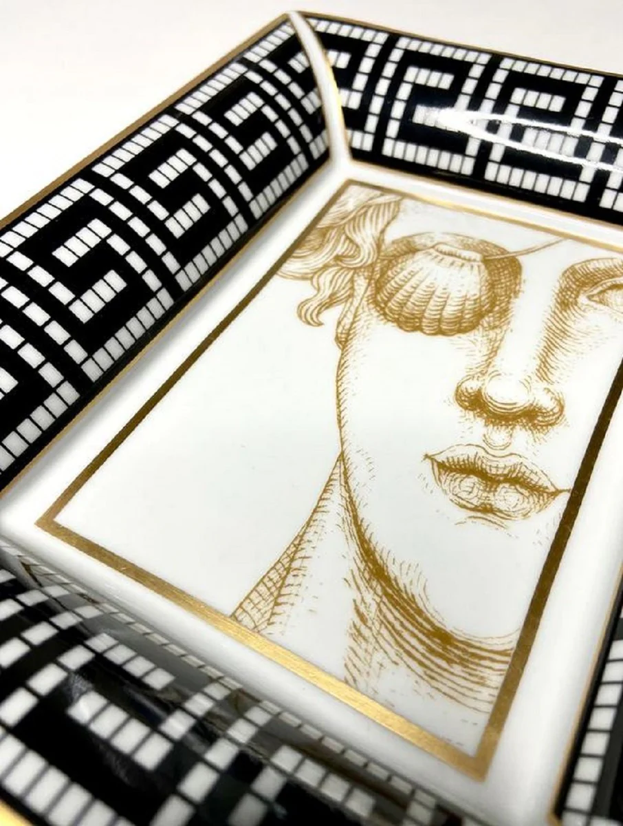 Luxury decorative bowl woman with eye patch white / black / gold 20.5 x 17.5 x H. 13.5 cm - Hand-painted porcelain bowl - Luxury quality - Made in Italy