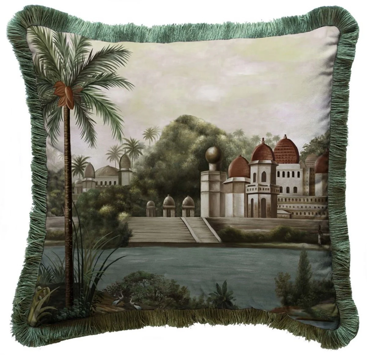 Luxury decorative cushion palace multicolored / green 45 x 45 cm - printed velvet cushion with fringes - luxury decorative accessories
