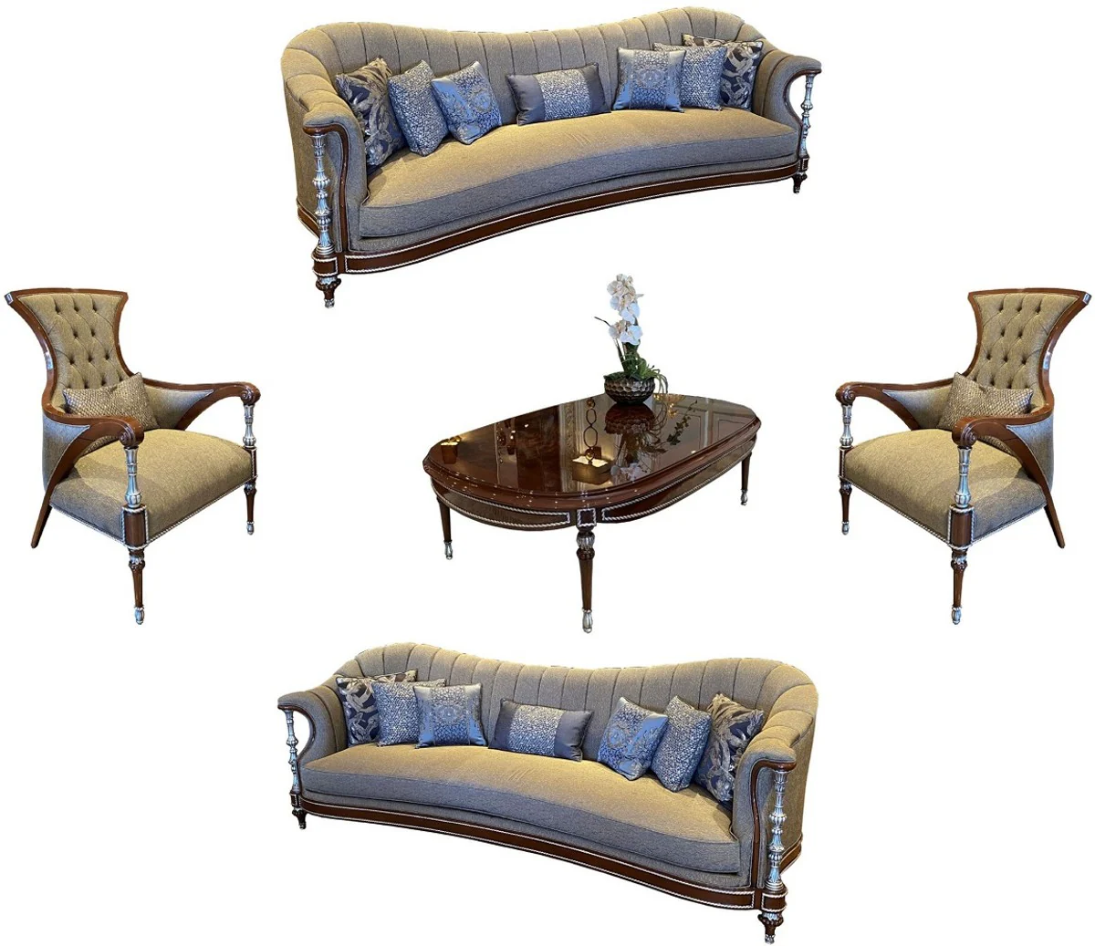 Luxus Barock Wohnzimmer Set Grau / Braun / Silber - 2 Sofas & 2 Sessel & 1 Couchtisch - Handgefertigte Barock Wohnzimmer Möbel - Edel & Prunkvoll