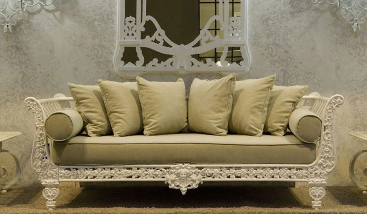 Luxury baroque sofa white / light green 212 x 87 x H. 77 cm - hand-forged wrought iron sofa with cushions - living room sofa - garden sofa - patio sofa - baroque furniture