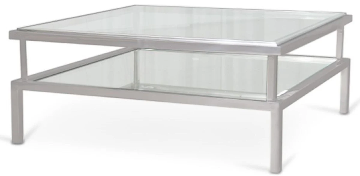 Luxury coffee table silver 120 x 120 x H. 42 cm - Modern living room table with tempered glass tops and stainless steel frame - Living room furniture