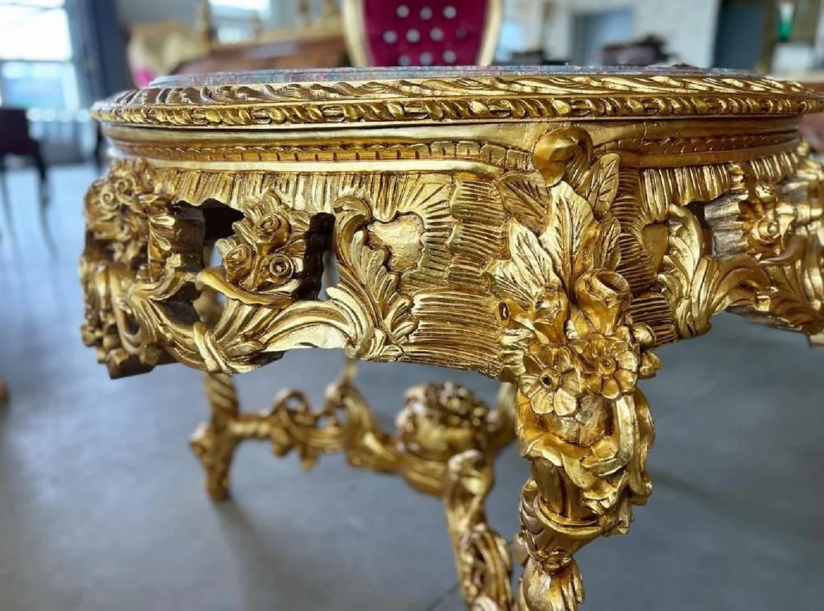 Baroque dining table gold / gray-brown - round solid wood dining room table with marble top - dining room furniture in baroque style - baroque furniture - noble & magnificent