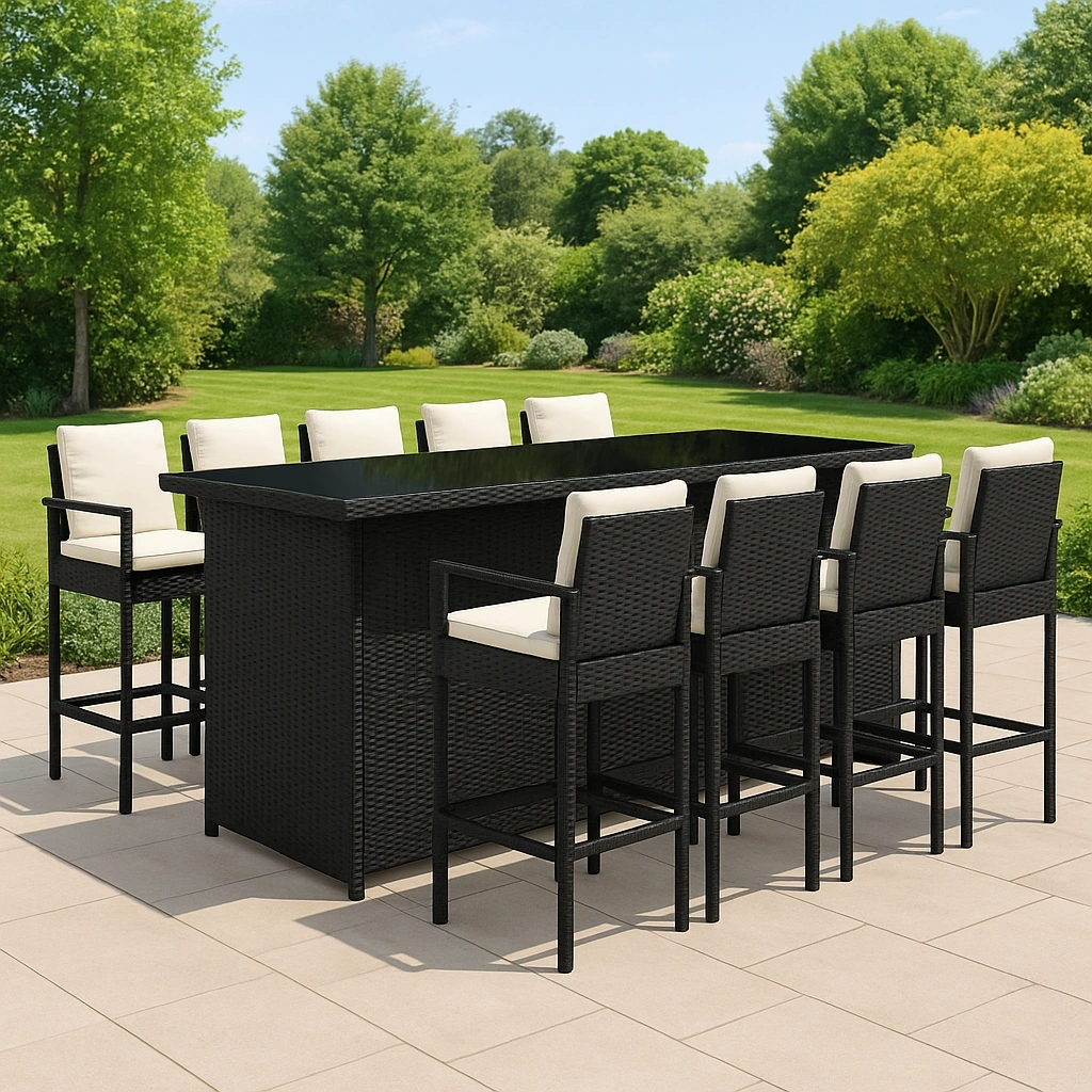 Schwarzes Outdoor-Bar-Möbelset mit cremefarbenen Kissen aus synthetischem Rattan für den Garten - tSpXnFz426aH