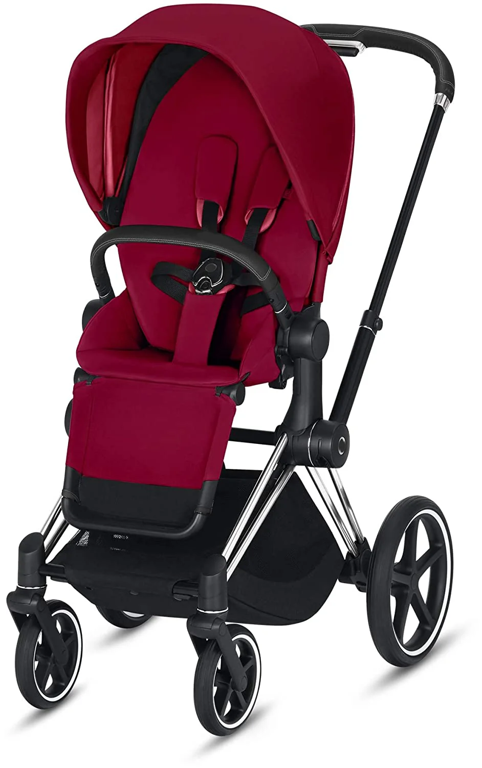 Kompletter Kinderwagen, kompakt zusammenklappbar mit einer Hand, leichter, umkehrbarer Sitz, leichtgängige Allradfederung, zusätzlicher Stauraum, verstellbare Beinstütze, echtes Rot mit Rahmen in Chrom/Schwarz