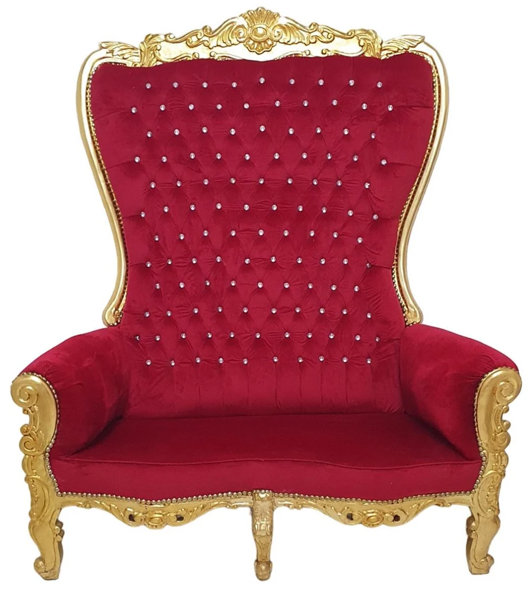 Baroque high-back 2-seater sofa burgundy red / gold - magnificent baroque style sofa with glittering stones - living room furniture in baroque style - baroque furniture - noble & magnificent