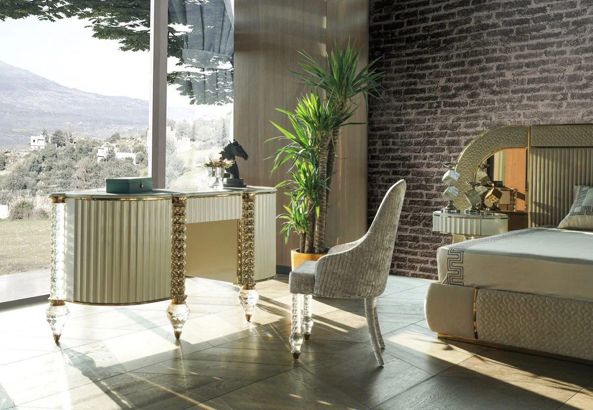 Luxus Art Deco Schminkkommode Weiß / Gold 188 cm - Luxus Art Deco Schlafzimmer Möbel