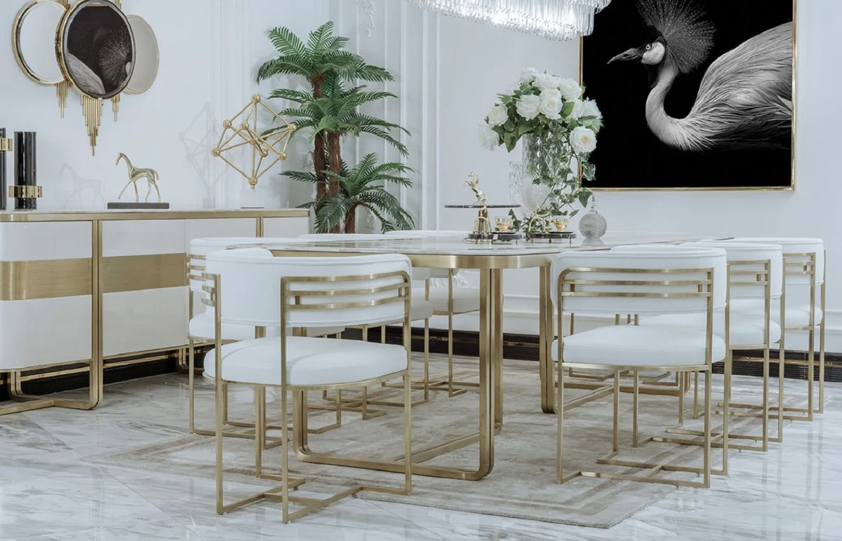 Luxury dining room chair set with armrests white / gold 58 x 51 x H. 76 cm - kitchen chairs set of 8 - dining room furniture - restaurant furniture - luxury furniture - luxury furnishings