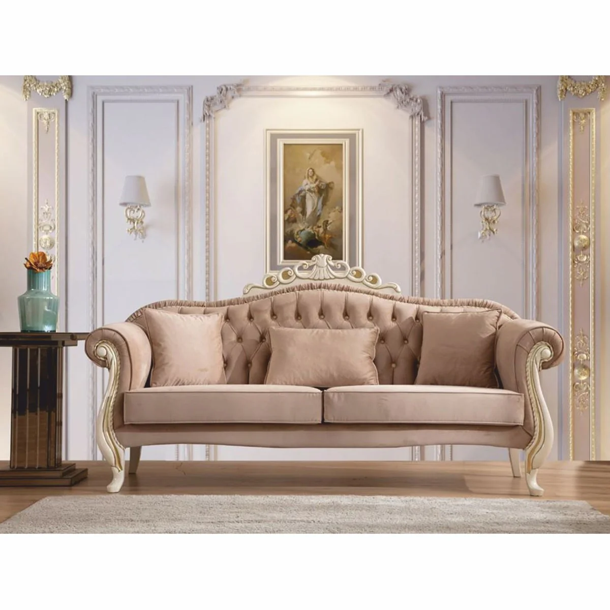 Luxury Baroque Living Room Sofa Light Brown / White / Gold 210 cm - Baroque Style Furniture