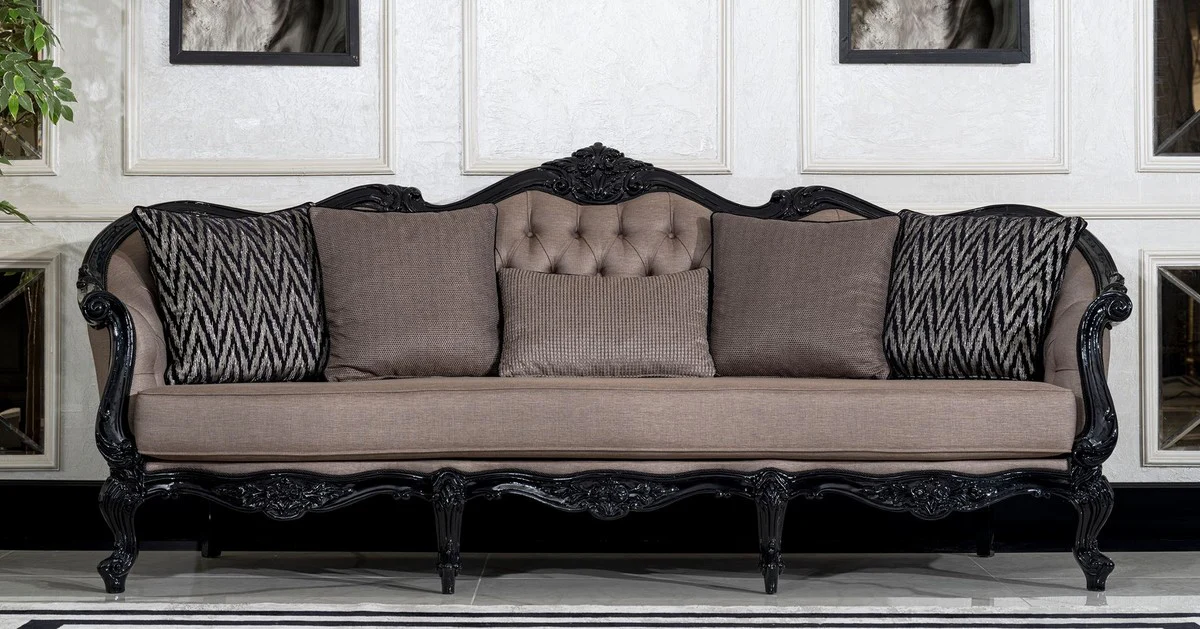 Luxury Baroque Living Room Sofa Gray / Black - Magnificent Baroque Style Sofa with Decorative Cushions - Luxury Living Room Furniture in Baroque Style - Baroque Furniture - Noble & Magnificent