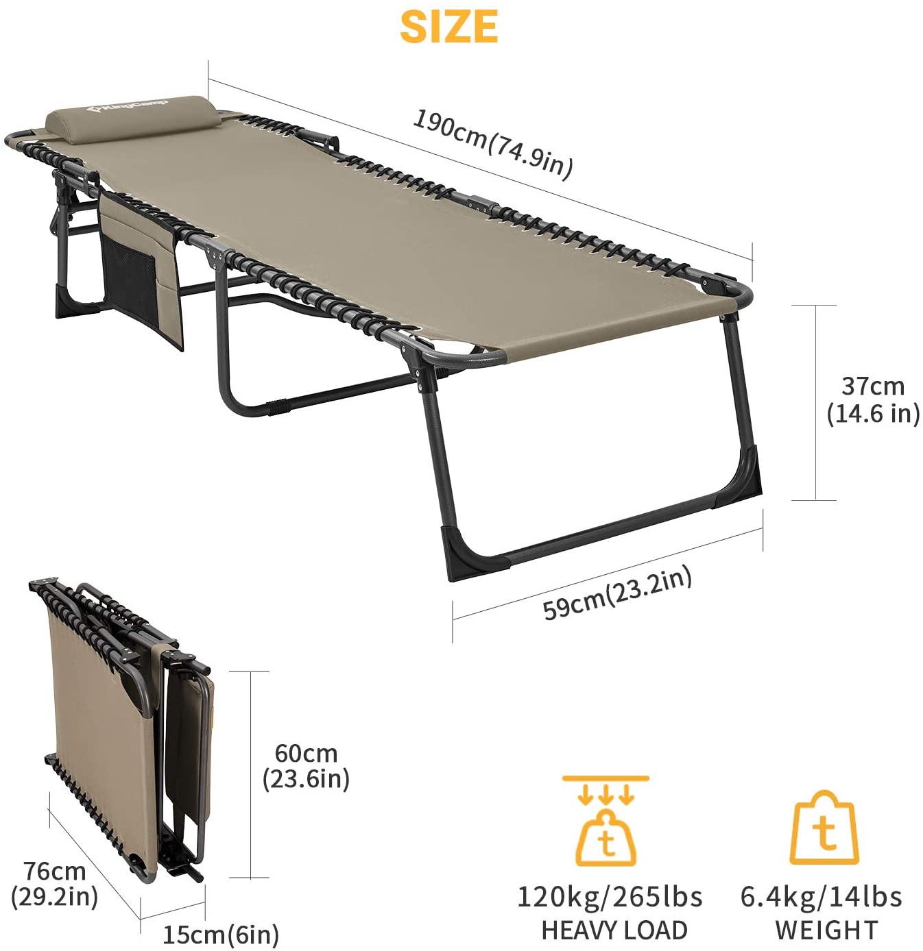 Verstellbarer 4-Position Klapp Chaise Lounge Stuhl mit Kissentasche, unterstützt 265lbs