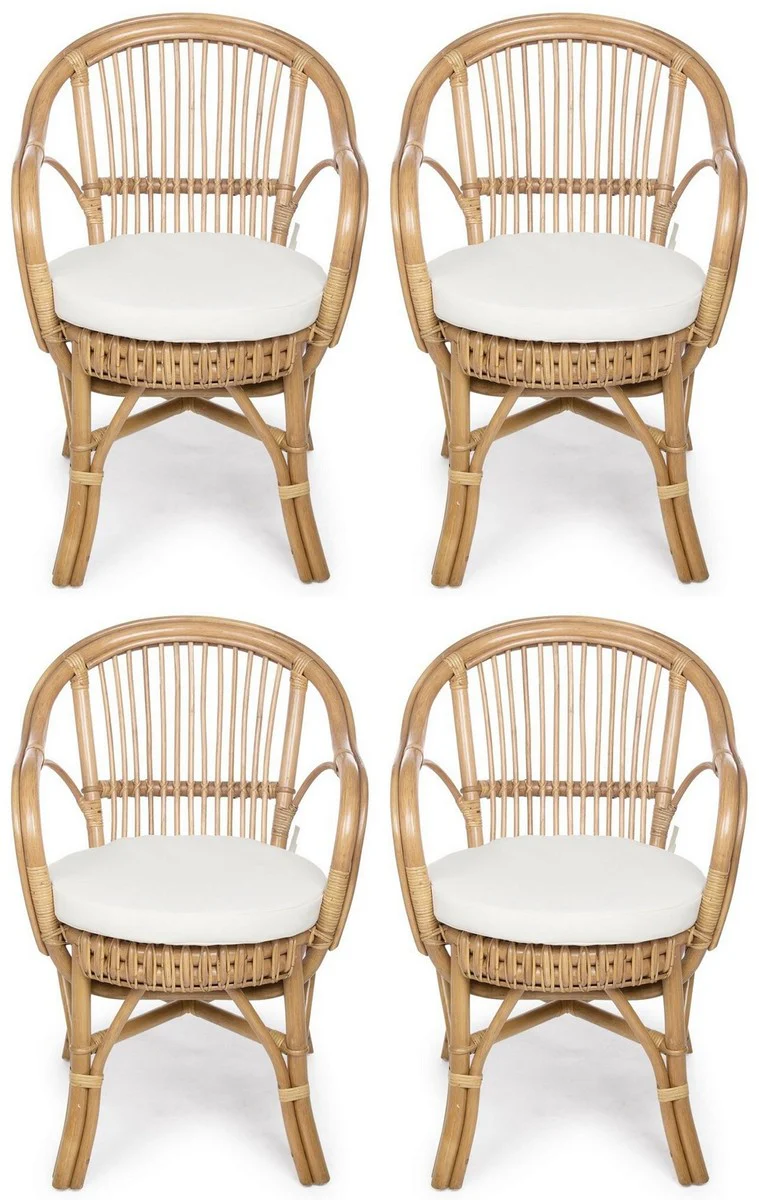 Luxury garden chair set of 4 natural colors / white 57 x 61 x H. 80 cm - Rattan chairs with armrests and seat cushions - Modern rattan garden and patio furniture