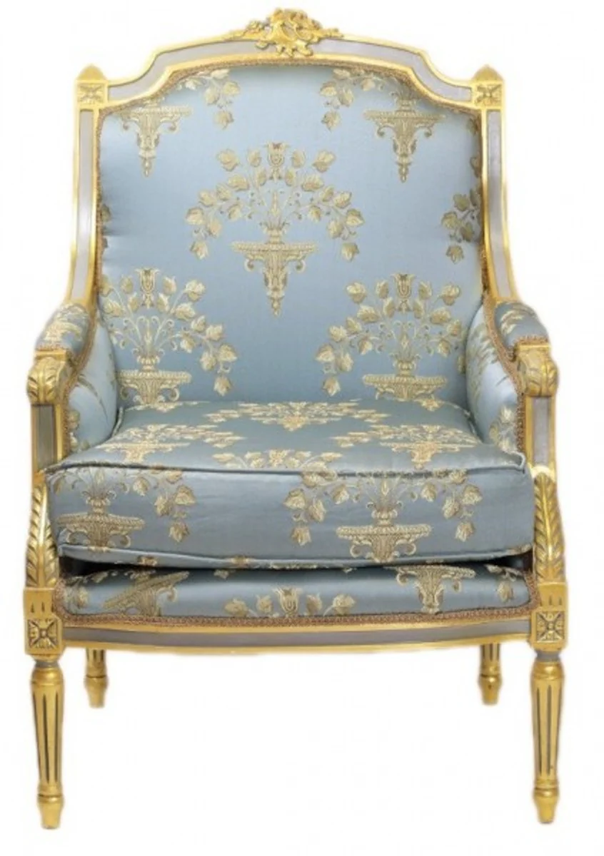Barock Lounge Thron Sessel Empire Blau-Grau Gold Muster / Gold - Ohren Sessel - Ohrensessel Tron Stuhl