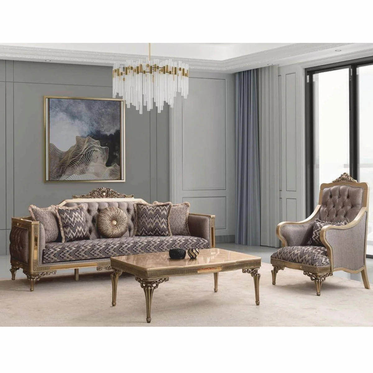 Luxury Baroque Living Room Sofa Gray / Gold 230 cm - Baroque Furniture