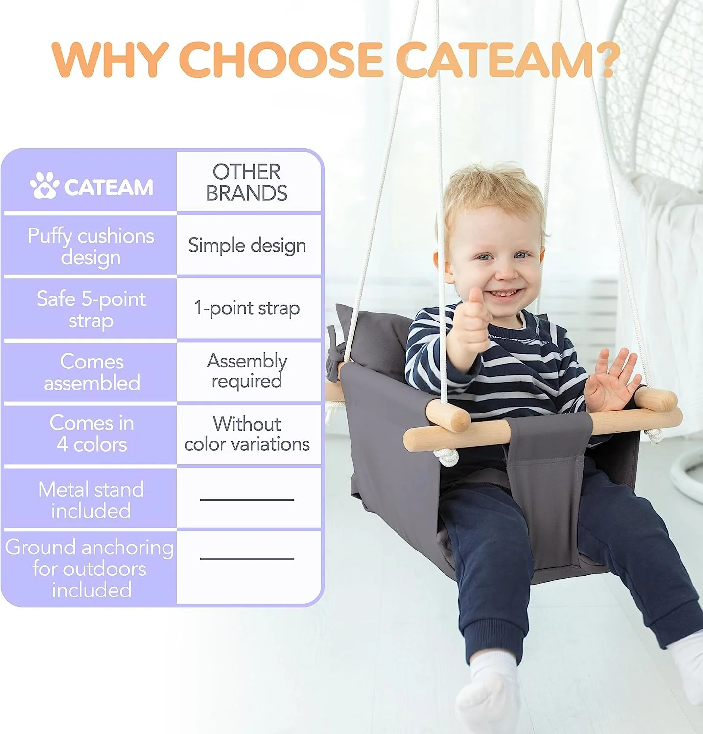 Babyschaukel aus Segeltuch, hängender Schaukelsitz aus Holz mit Sicherheitsgurt, langlebiger Baby-Hängemattenstuhl, Außen- und Innenschaukel für Kinder, Montagezubehör im Lieferumfang enthalten, Elfenbeinfarben