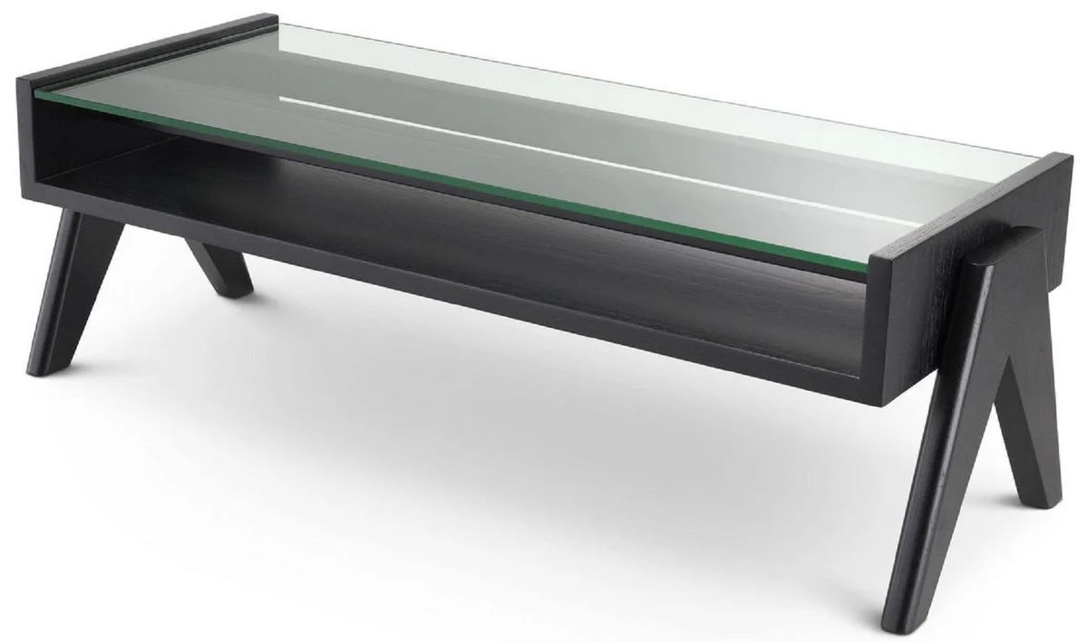 Luxury coffee table black 120 x 46 x H. 39.5 cm - Rectangular solid wood living room table with glass top - Luxury living room furniture