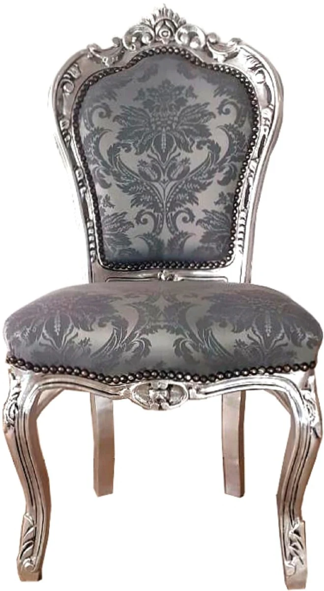 Baroque dining room chair gray pattern / silver 53 x 57 x H. 108 cm - handmade antique style solid wood chair with elegant satin fabric - dining room furniture in the baroque style