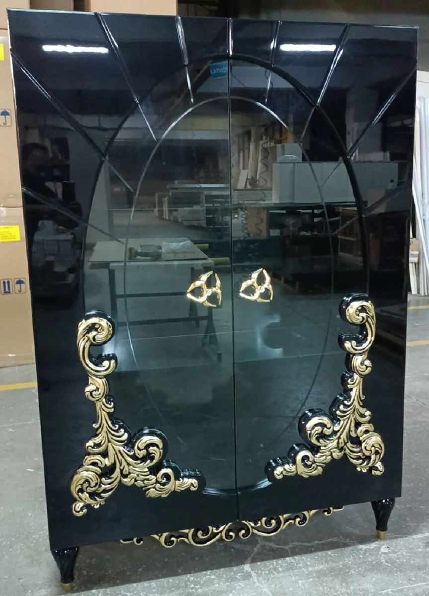 Luxury baroque display cabinet black / gold 116 x 46 x H. 170 cm - Illuminated solid wood display cabinet with 2 glass doors - Elegant baroque furniture