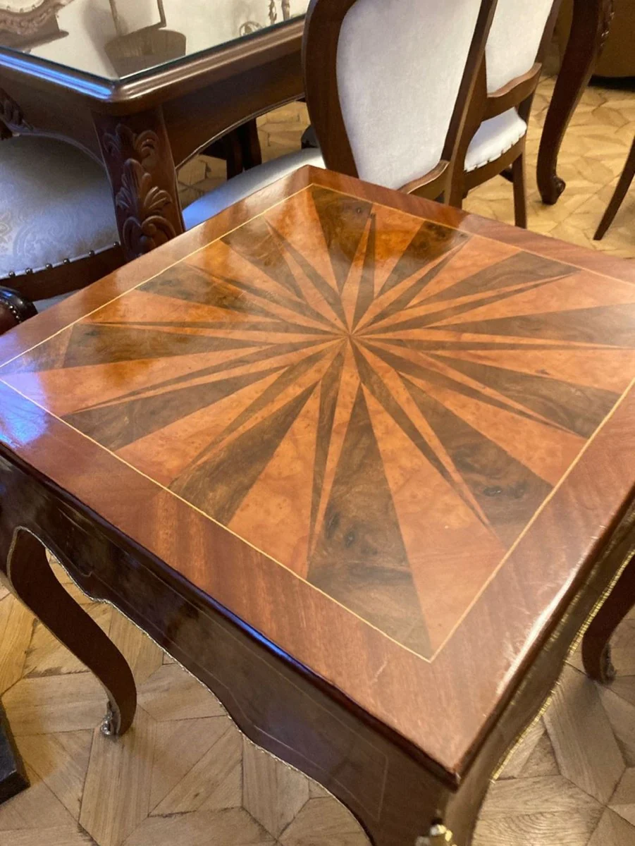 Baroque side table with chess & backgammon playing surface dark brown / brown / brass 60 x 60 x H. 71 cm - Baroque furniture - antique style furniture - noble & magnificent