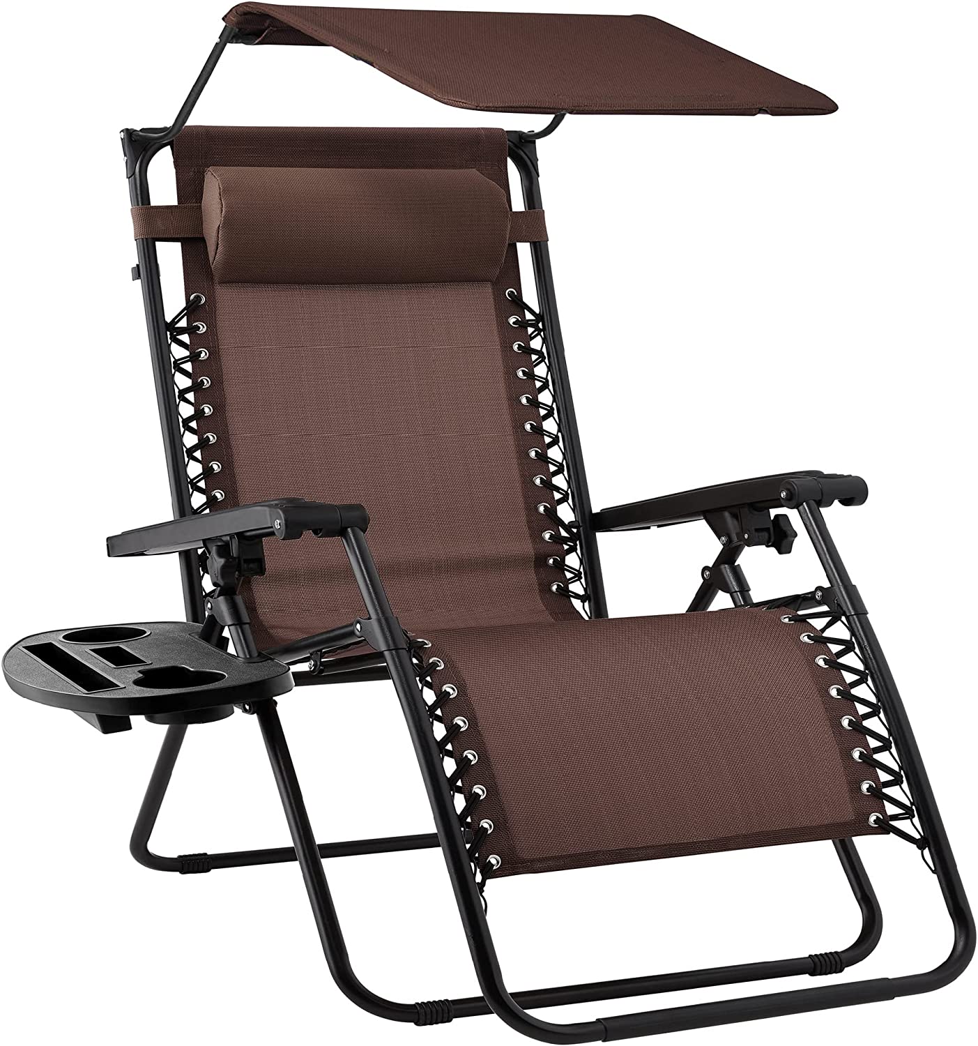 Folding Zero Gravity Outdoor Recliner Patio Lounge Chair w/Adjustable Canopy Shade, Headrest, Side Accessory Tray, Textile Mesh - Beige