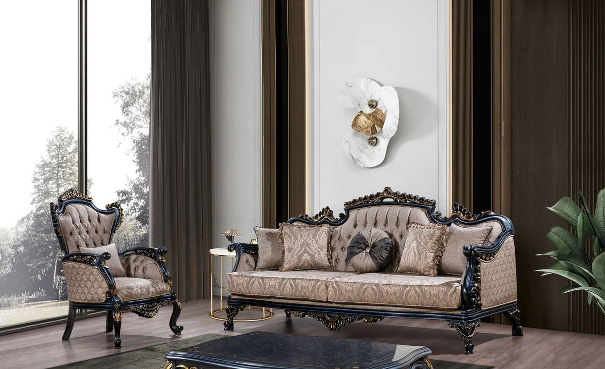Luxury baroque sofa gray / blue / gold - baroque style living room sofa with elegant pattern - luxury living room furniture in baroque style - baroque furniture - baroque furnishings