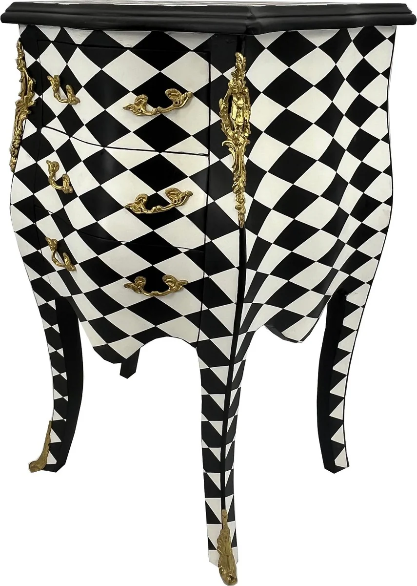 Baroque chest of drawers checked design black / white / gold - handmade baroque style night dresser with 3 drawers - baroque furniture - bedroom furniture in baroque style - noble and magnificent