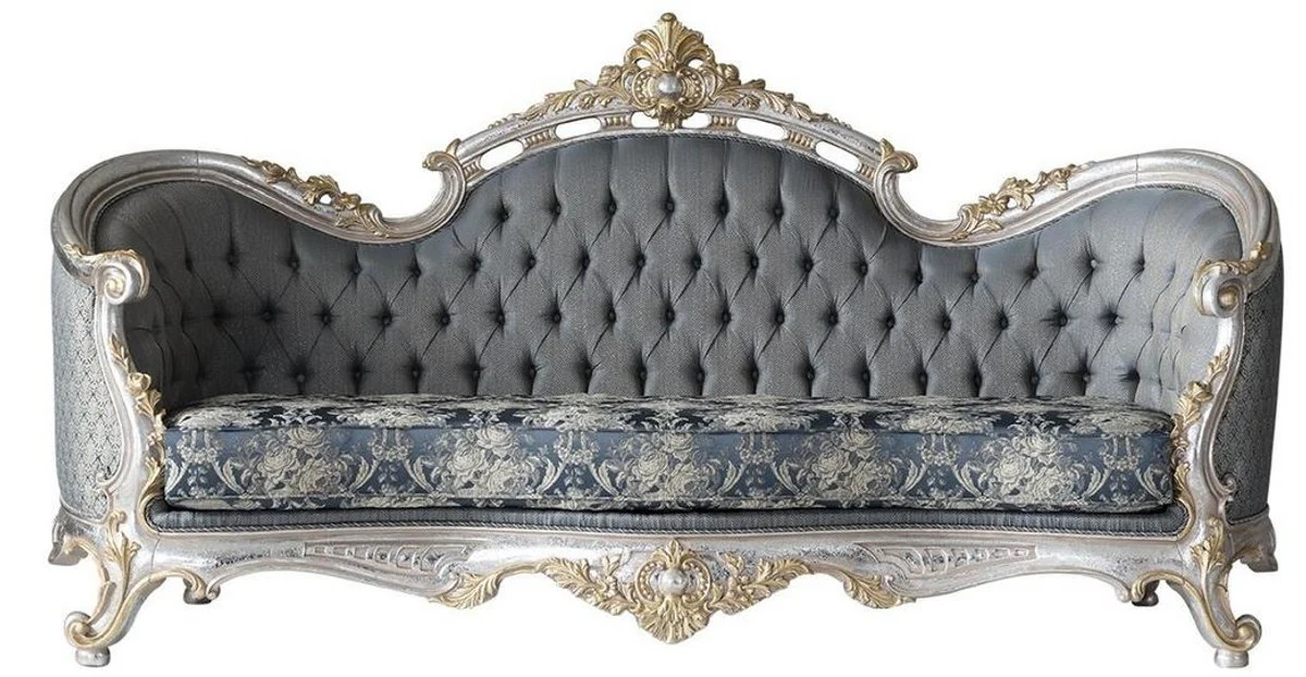 Luxury baroque living room sofa with decorative cushions gray / blue / silver / gold 250 x 95 x H. 125 cm - noble & magnificent