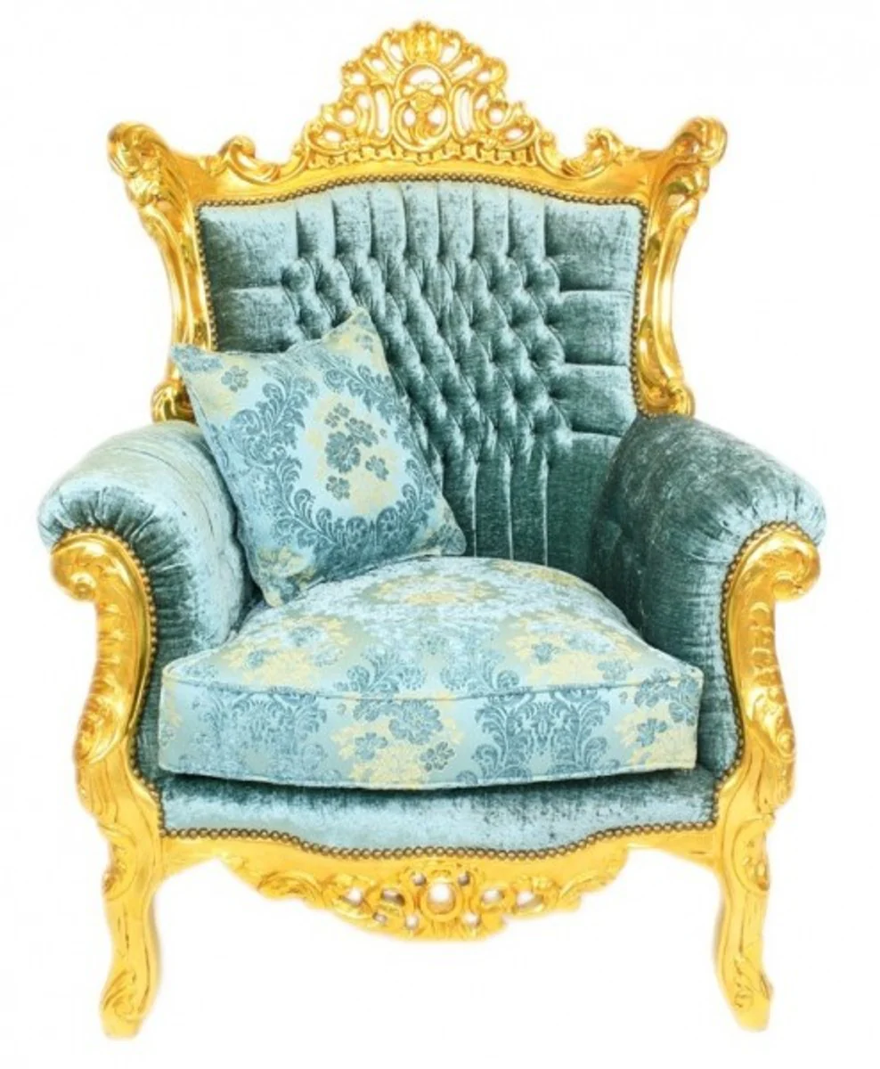 Baroque living room set Master turquoise-blue pattern velvet fabric / gold - 2 sofa + 2 armchairs - Limited Edition!