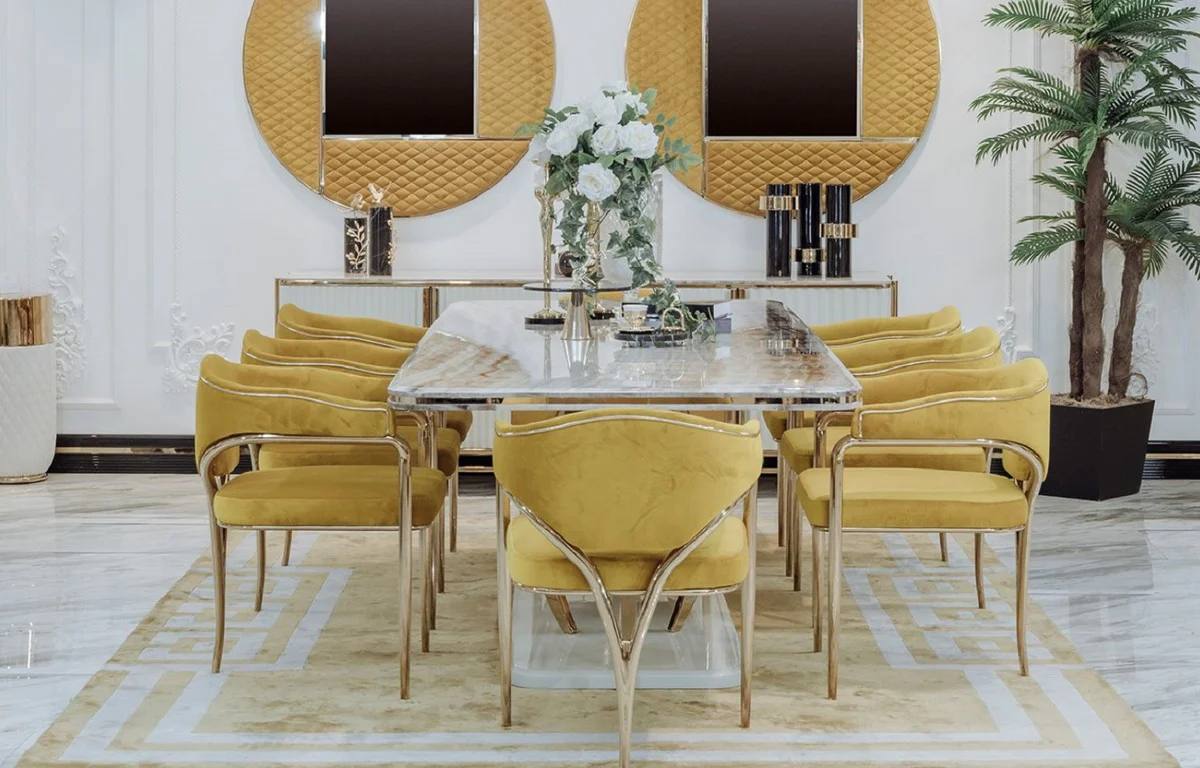 Luxury dining room chair set with armrests yellow / gold 60 x 59.8 x H. 80 cm - kitchen chairs set of 8 - dining room furniture - restaurant furniture - luxury furniture - luxury furnishings