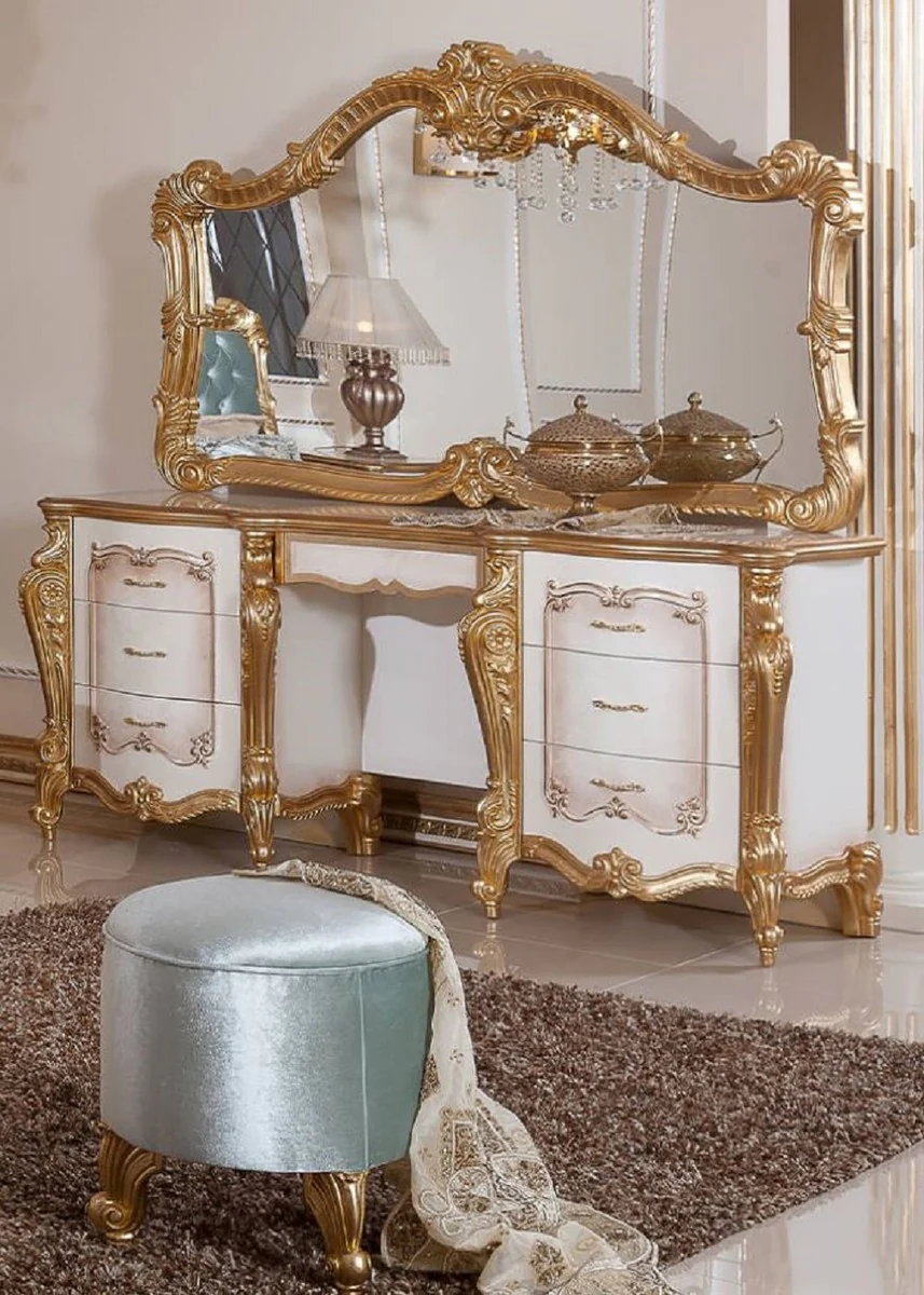 Luxury Baroque Bedroom Set White / Brown / Gold / Turquoise - 1 Baroque Dressing Table & 1 Baroque Mirror & 1 Baroque Stool - Baroque Bedroom Furniture - Noble & Magnificent