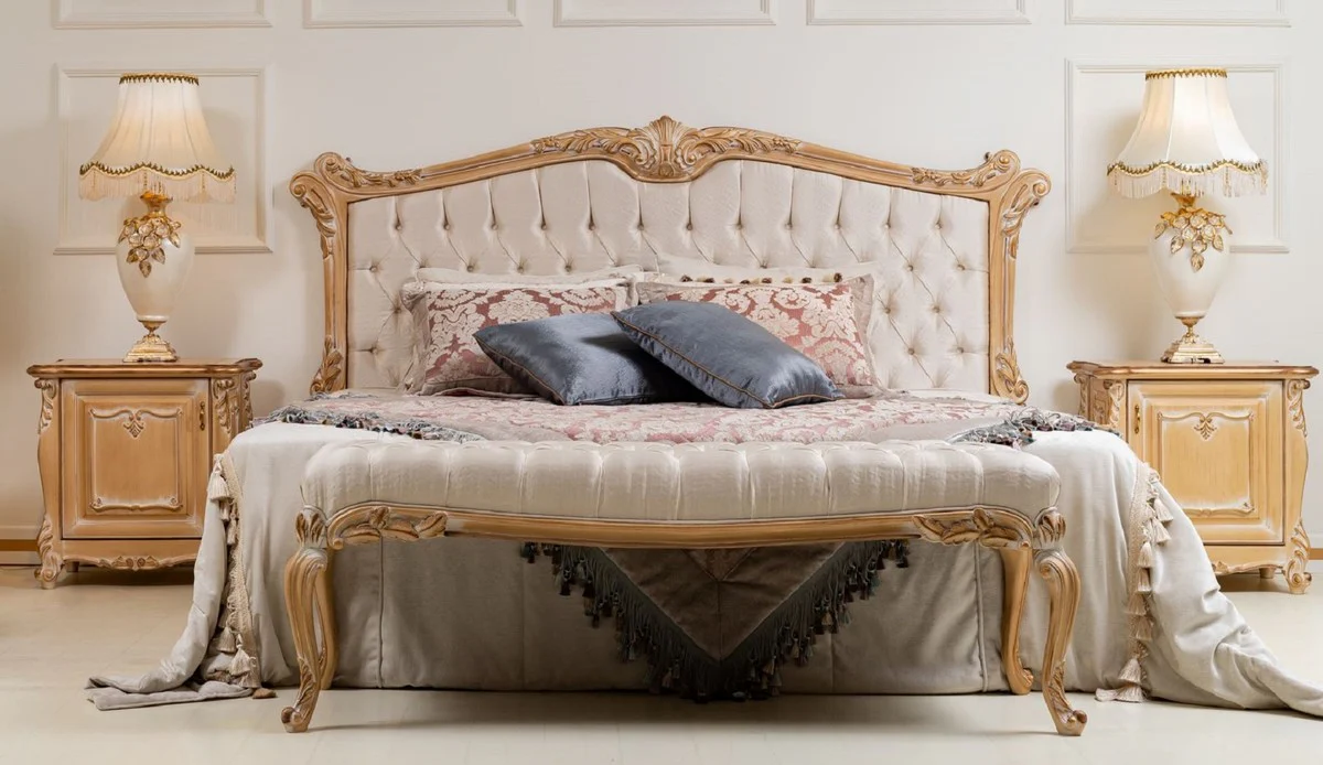 Luxury baroque bedroom set cream / gold - 1 double bed with headboard & 2 bedside tables - bedroom furniture in baroque style - noble and magnificent