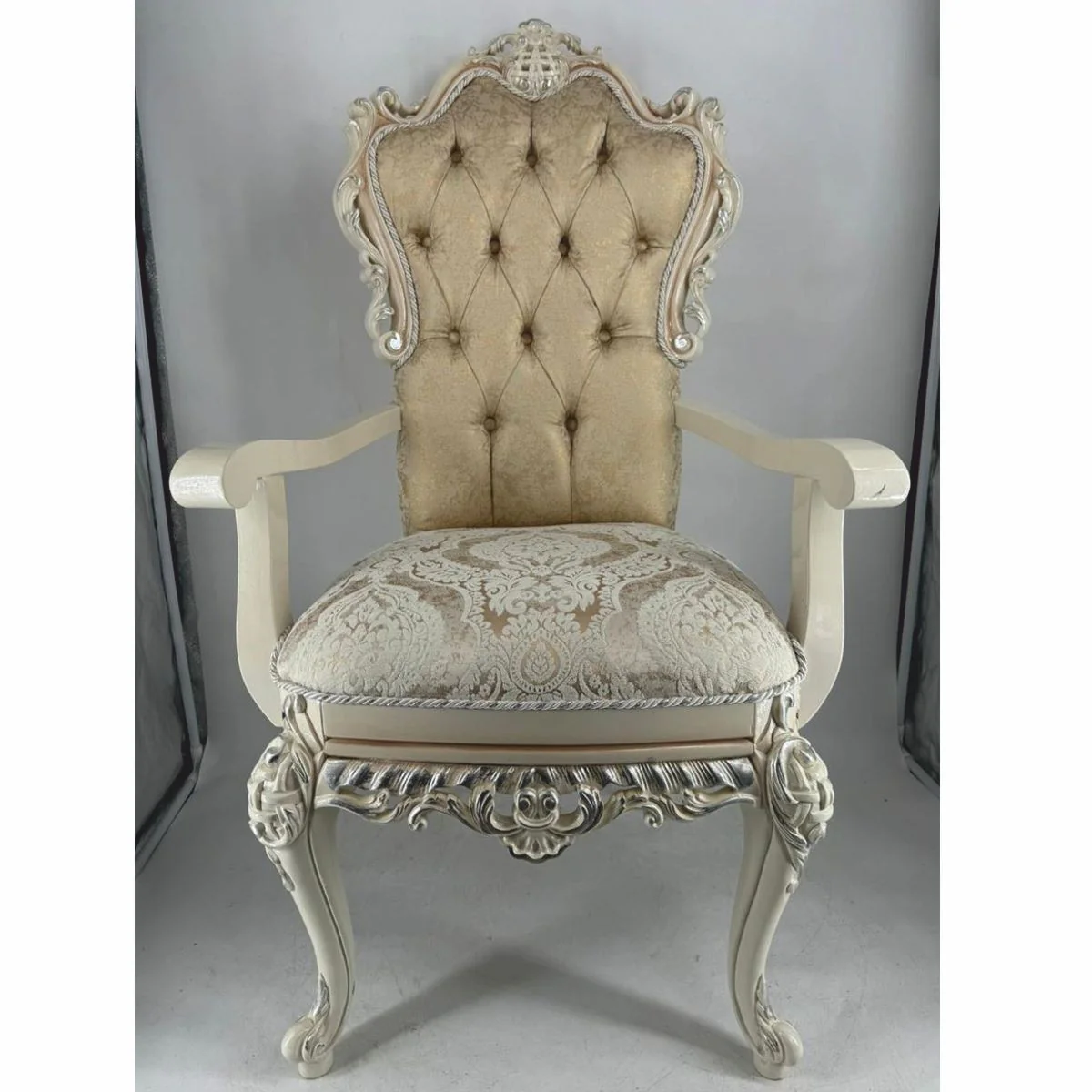Luxus Barock Esszimmer Stuhl mit Armlehnen Gold / Creme / Weiß / Silber - Barock Möbel