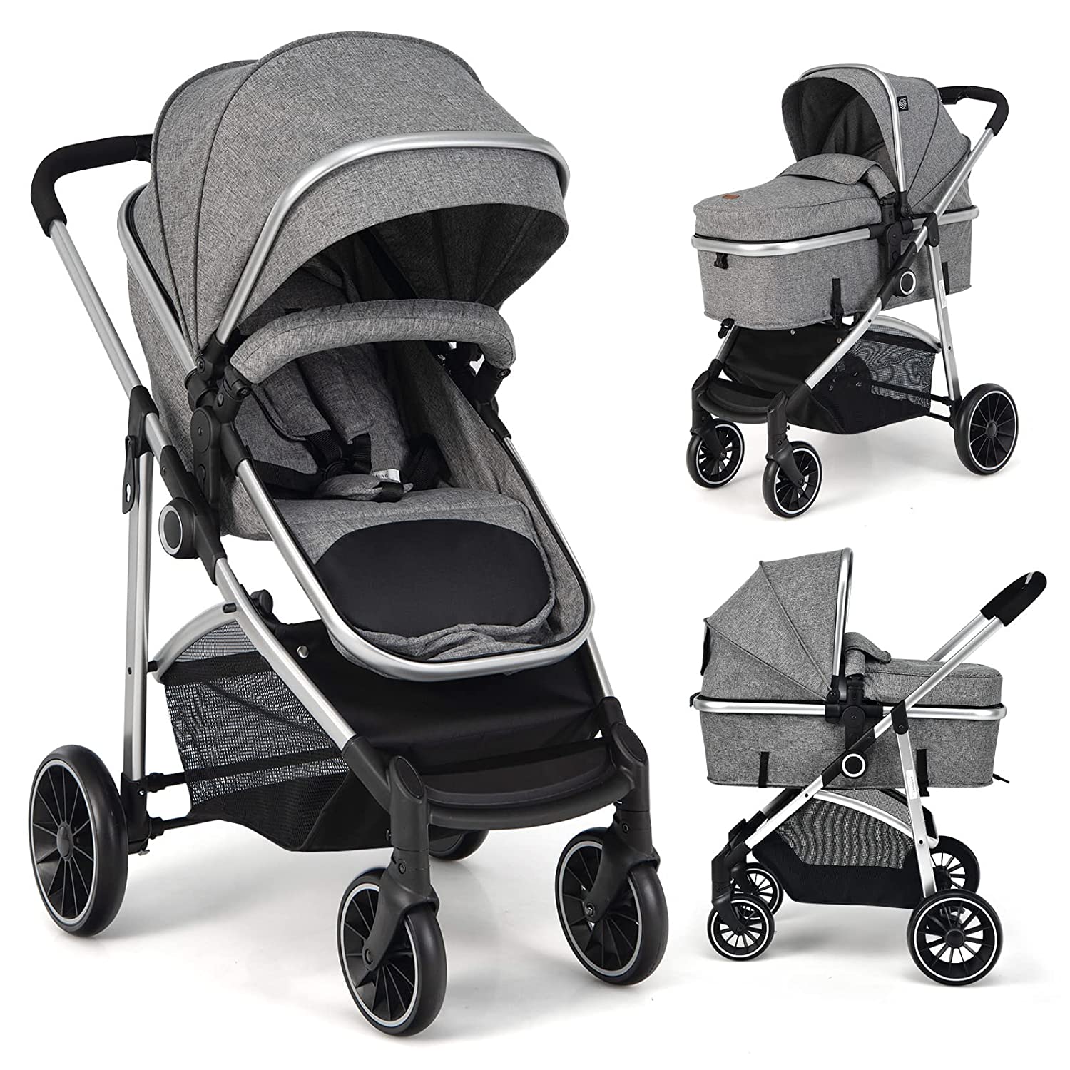 Umwandelbarer Kinderwagen, Hochformat-Kinderwagen mit umkehrbarem Sitz, abnehmbarem Fußsack, verstellbarer Rückenlehne und Verdeck, faltbarer Kinderwagen für Babys von 0–36 Monaten, Rosa