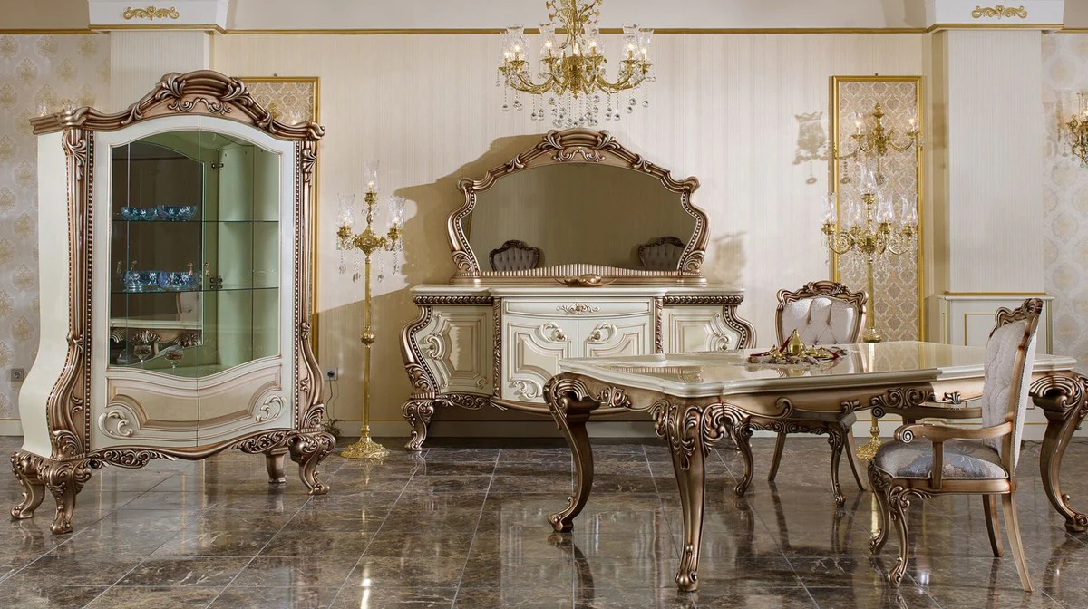 Luxury Baroque Dining Room Set White / Copper - 1 Baroque Dining Table & 6 Baroque Dining Room Chairs - Baroque Dining Room Furniture - Luxury Furniture in Baroque Style - Noble & Magnificent