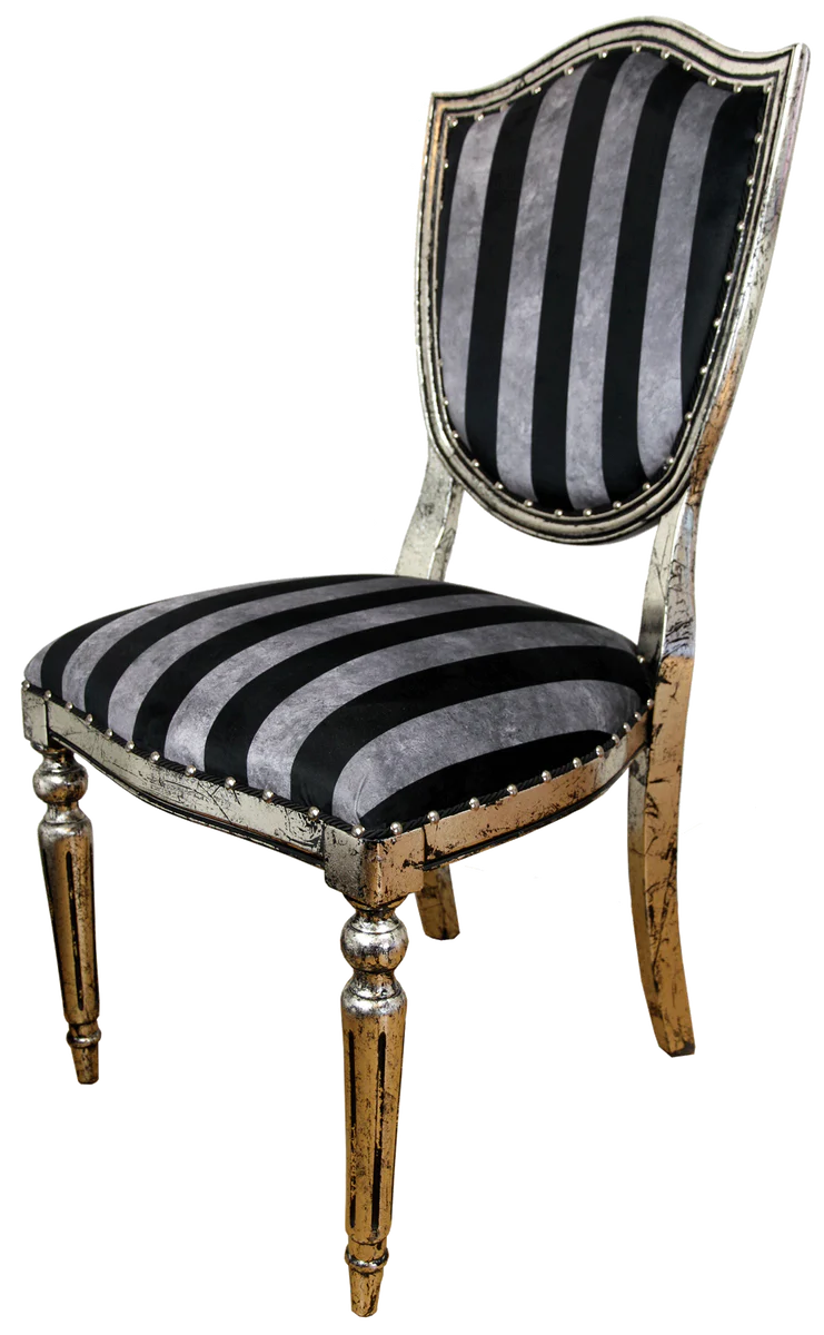Art Deco Luxury Dining Room Chair Black Silver Stripes / Antique Style Silver 52.5 x 59 x H. 104 cm - Luxury Hotel Furniture