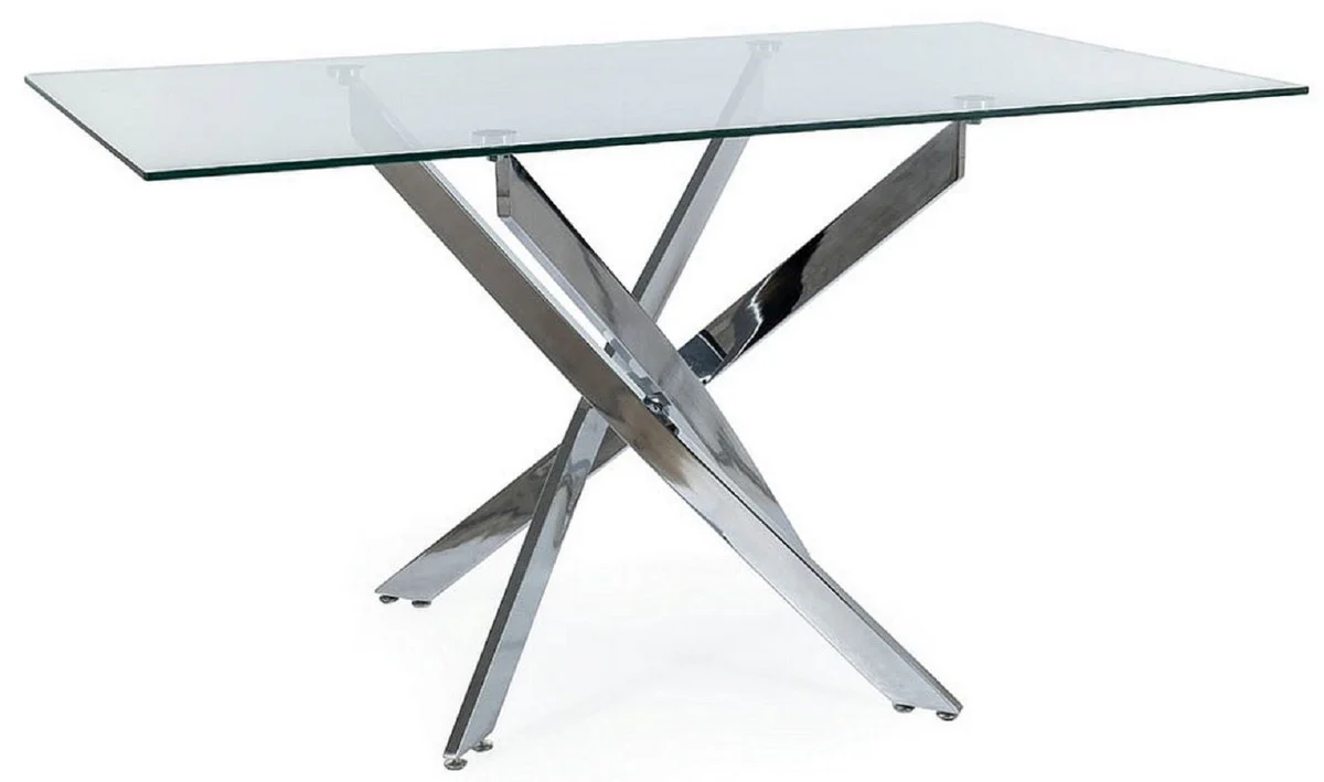 Luxury dining table silver 140 x 80 x H. 75 cm - Rectangular dining room table with tempered glass top - Dining room furniture - Kitchen furniture