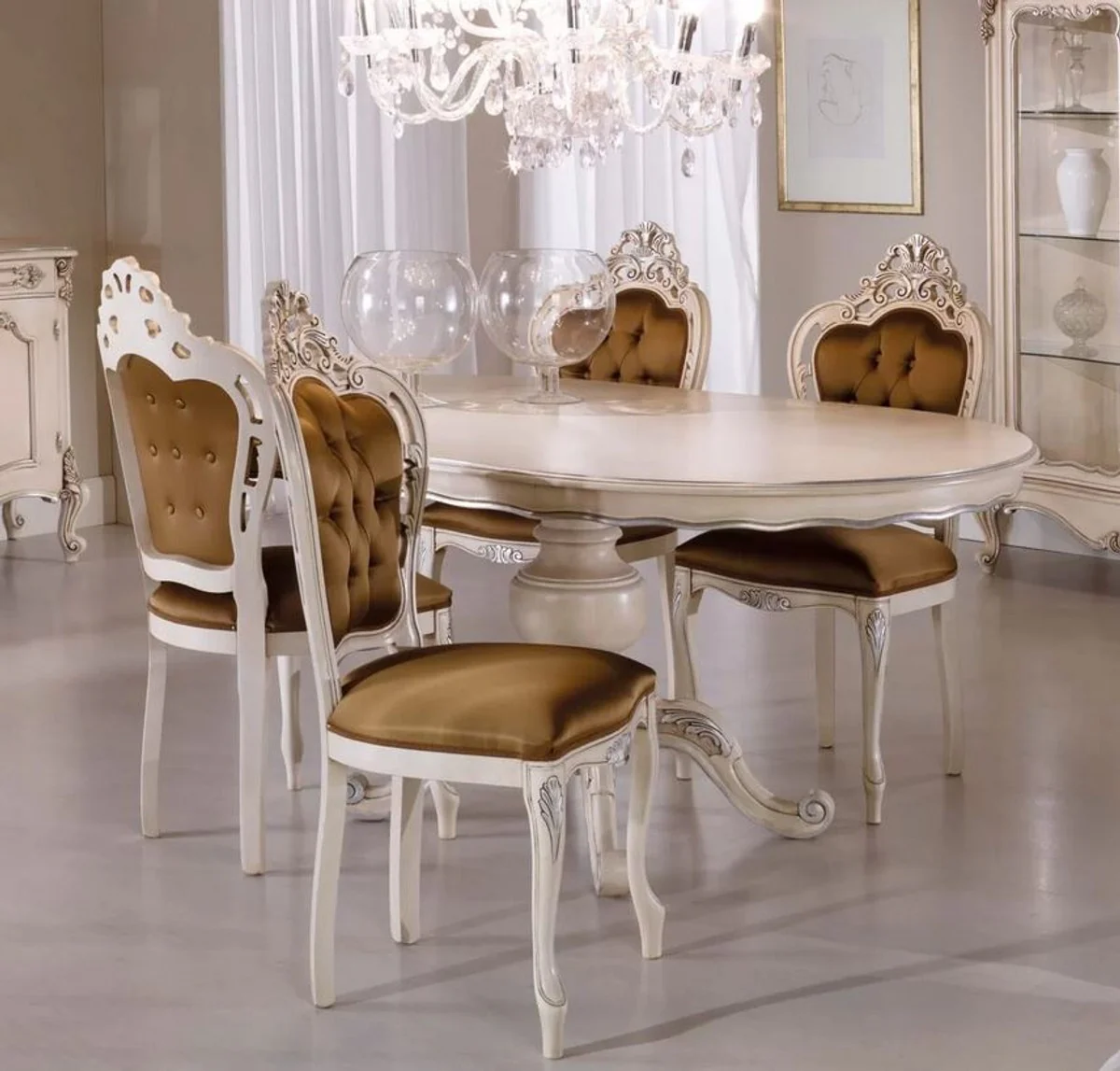 Luxury Baroque Dining Room Set Brown / Cream / Silver - 1 Baroque Dining Table & 6 Baroque Dining Chairs - Dining Room Furniture in Baroque Style - Luxury Quality - Made in Italy