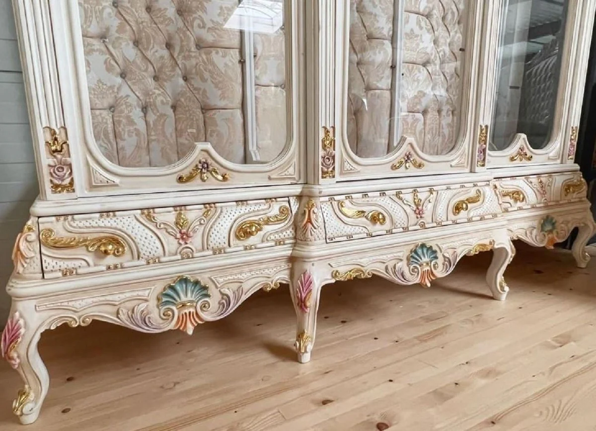 Baroque display cabinet white / beige / multicolored / gold - handmade solid wood display cabinet with 3 glass doors and glittering stones - baroque furniture - noble and magnificent