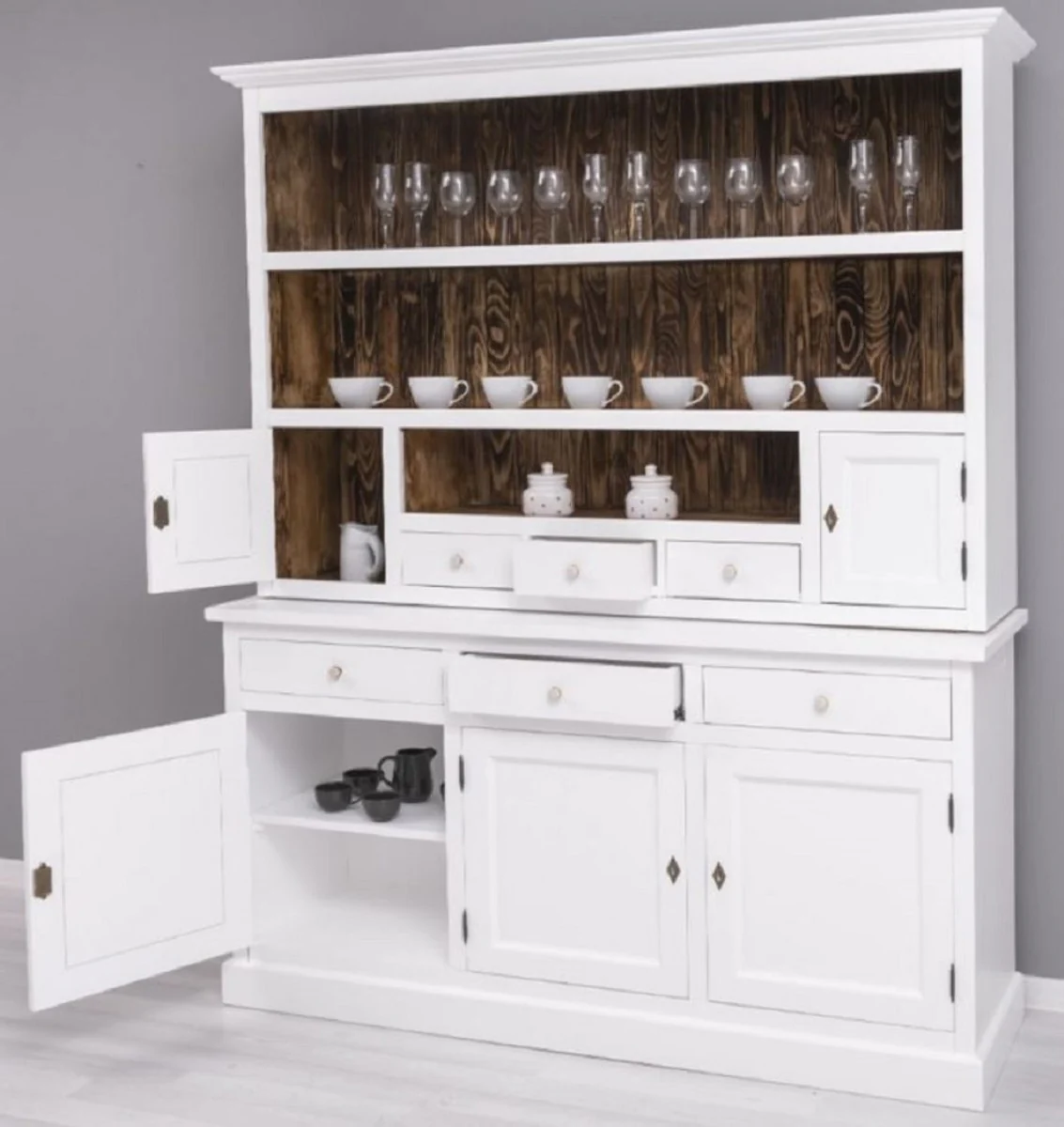 Country house style dining room cabinet white / dark brown 179 x 50 x H. 210 cm - solid wood kitchen cabinet - dining room furniture in country house style - country house style dining room furnishings