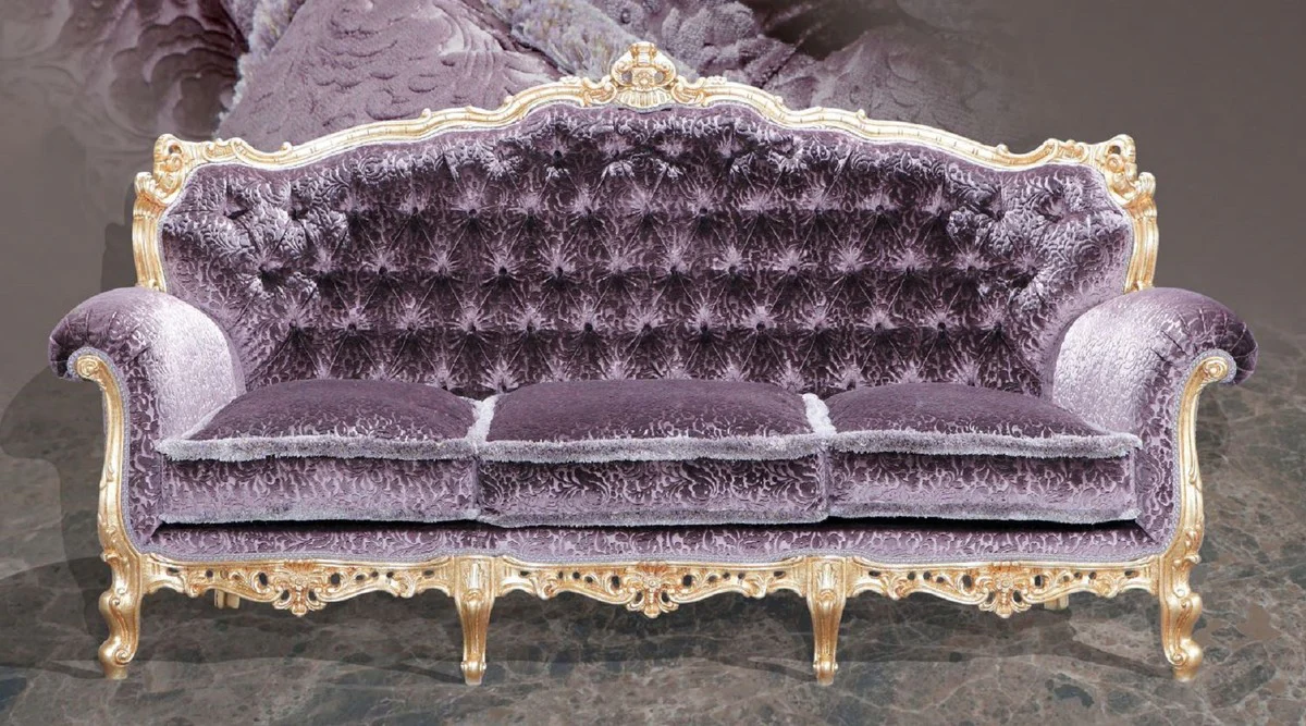 Luxury Baroque 3 Seater Sofa Purple / Gold - Magnificent living room sofa with elegant pattern - Baroque living room & hotel furniture - First class quality - Made in Italy