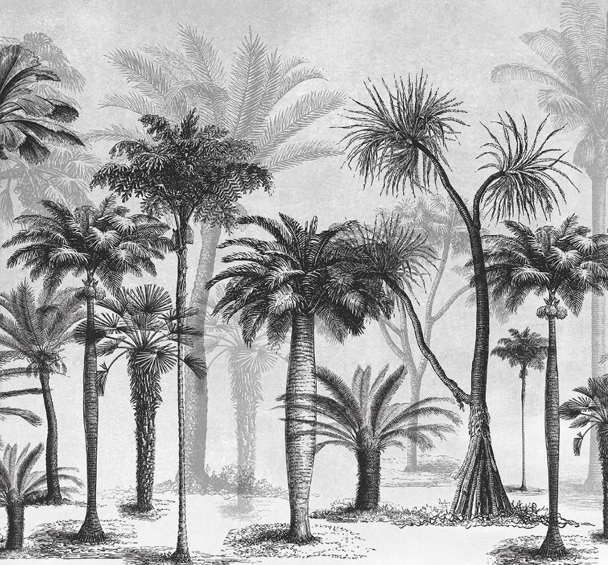 Luxus Vorhang Set Palmen Grau / Schwarz 250 x H. 290 cm - Bedruckte Leinen & Samt Vorhänge - Ösenvorhänge - Schiebevorhänge - Luxus Deko Accessoires