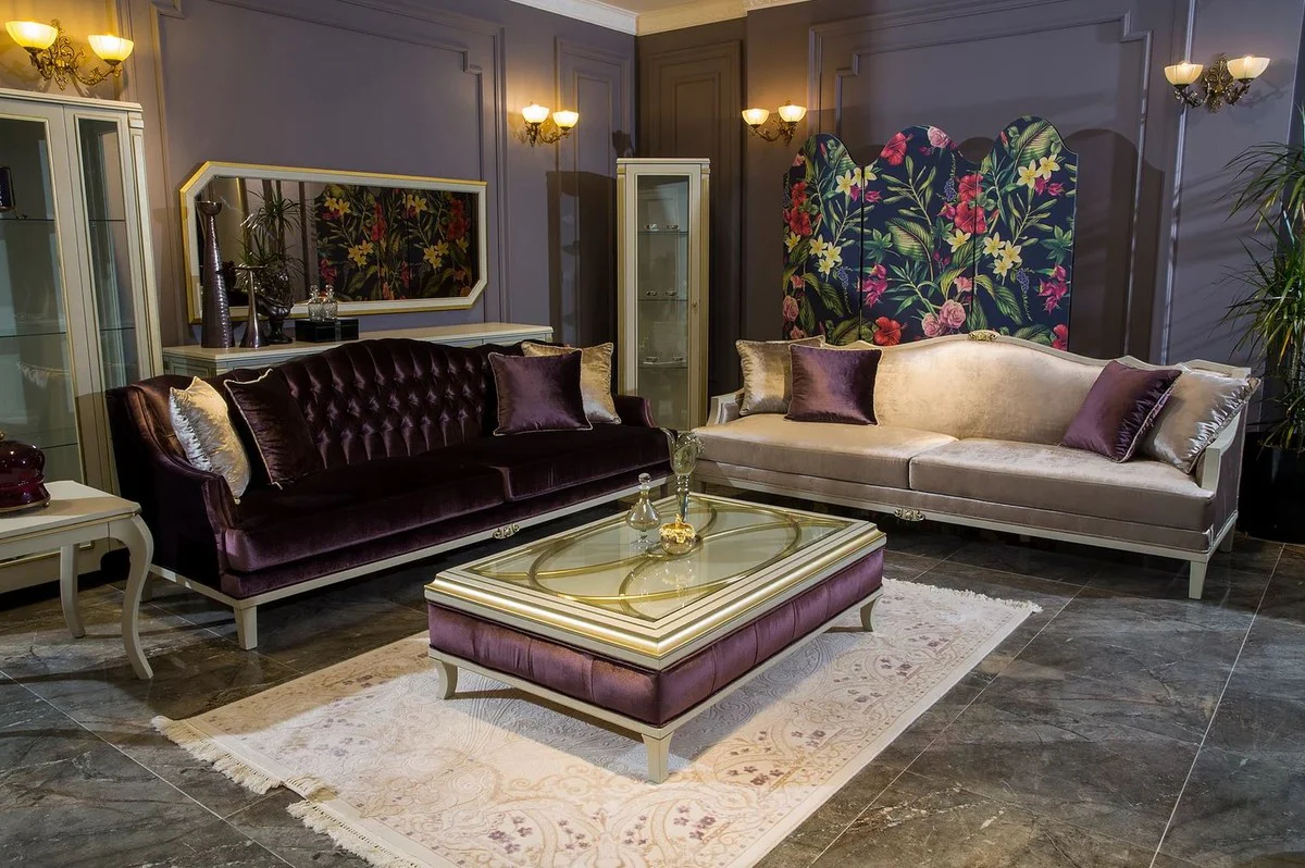 Luxury baroque coffee table white / purple / gold 130 x 85 x H. 39 cm - Noble solid wood living room table with glass top - Baroque living room furniture