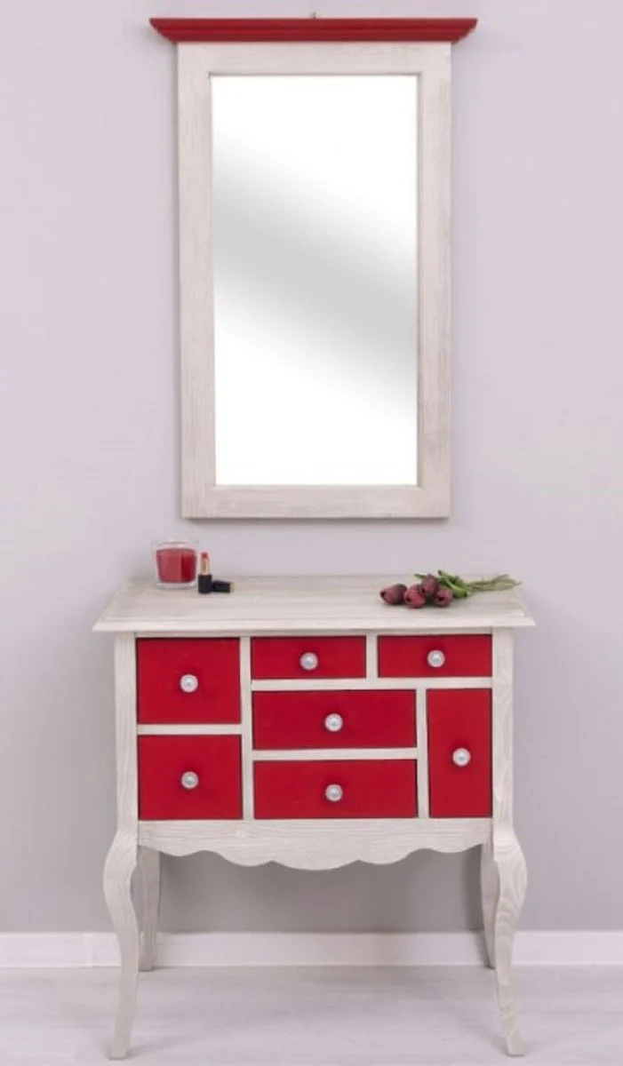 Country house style chest of drawers with mirror light gray / red - solid wood cabinet with wall mirror - country house style wardrobe furniture