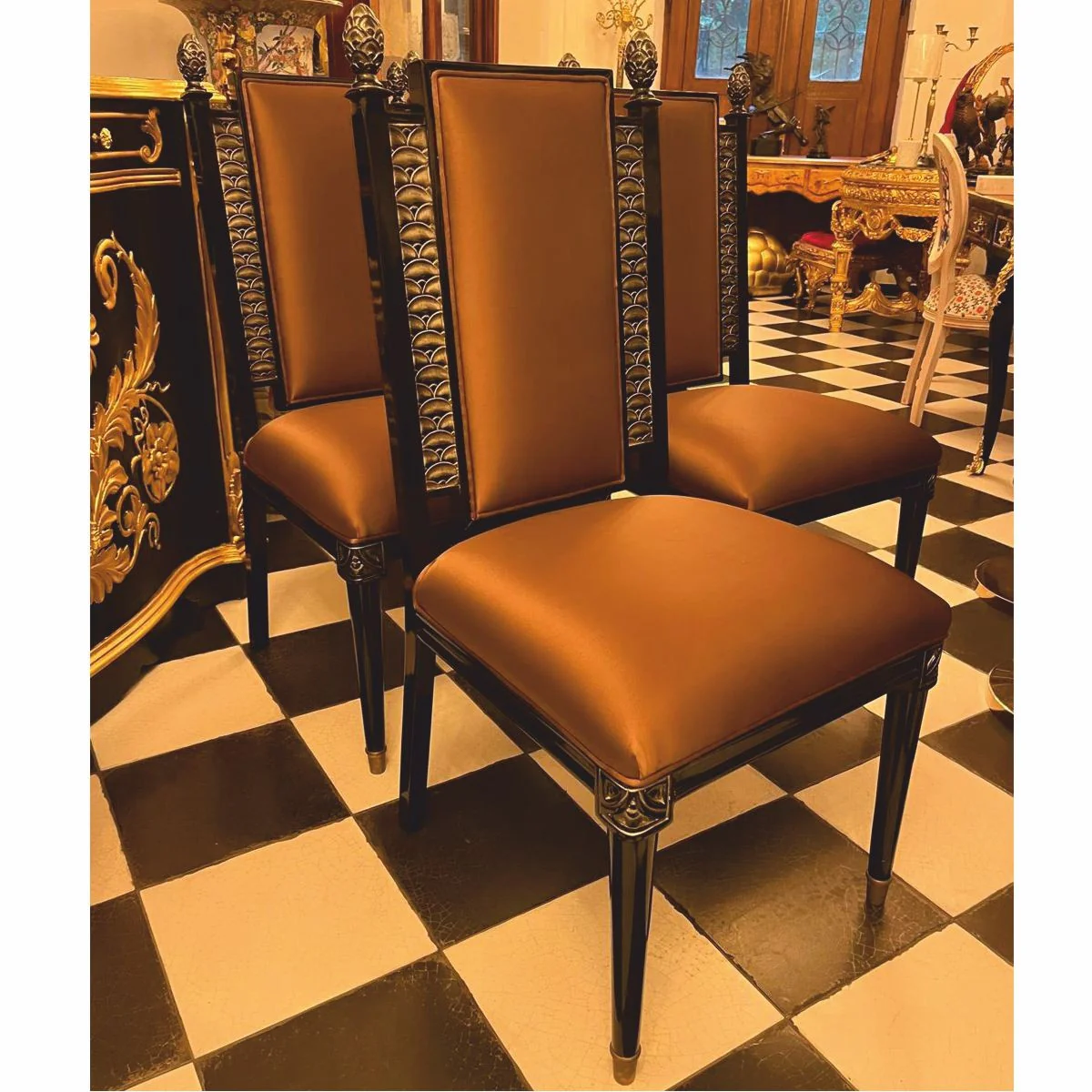 Luxus Barock Esszimmerstuhl 4er Set Braun / Schwarz / Gold - Barock Möbel