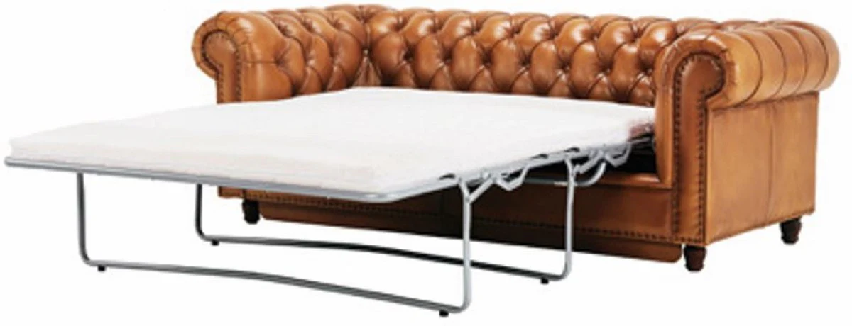 Luxury Chesterfield genuine leather sofa bed light brown / brown 220 cm - genuine leather furniture