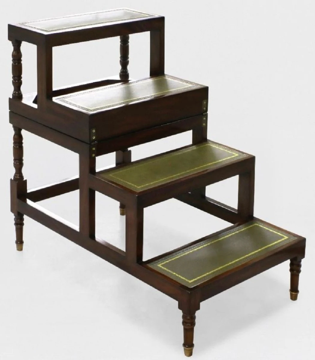 Luxury Art Nouveau coffee table dark brown / green / gold - fold-out solid wood library stairs with real leather - Art Nouveau living room furniture - noble & magnificent