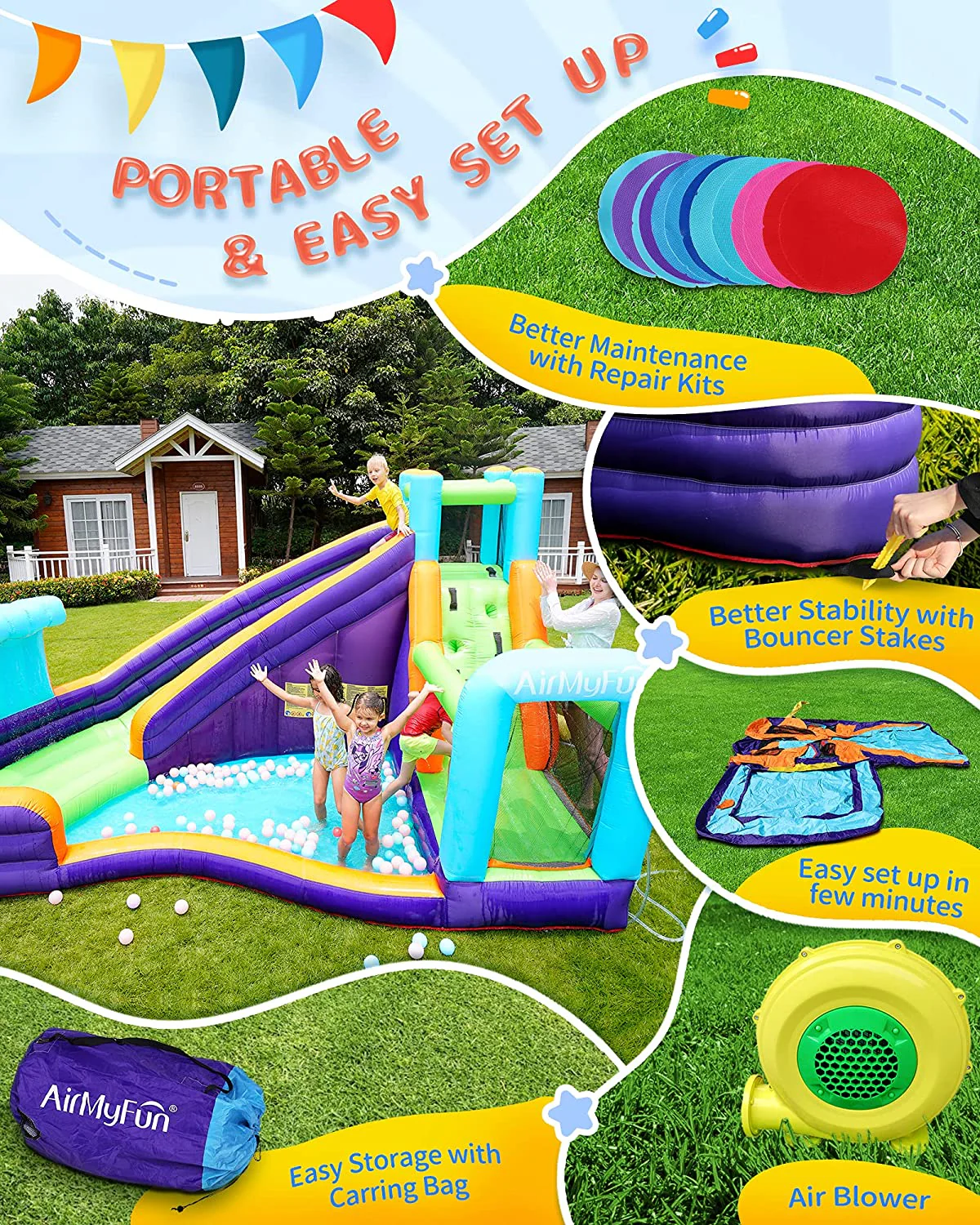 AirMyFun Aufblasbare Wasserrutsche, Wasserhüpfhaus für Nass und Trocken, Kinder-Hüpfhaus-Wasserpark mit Luftgebläse, Wasserspray, Planschbecken, A83021