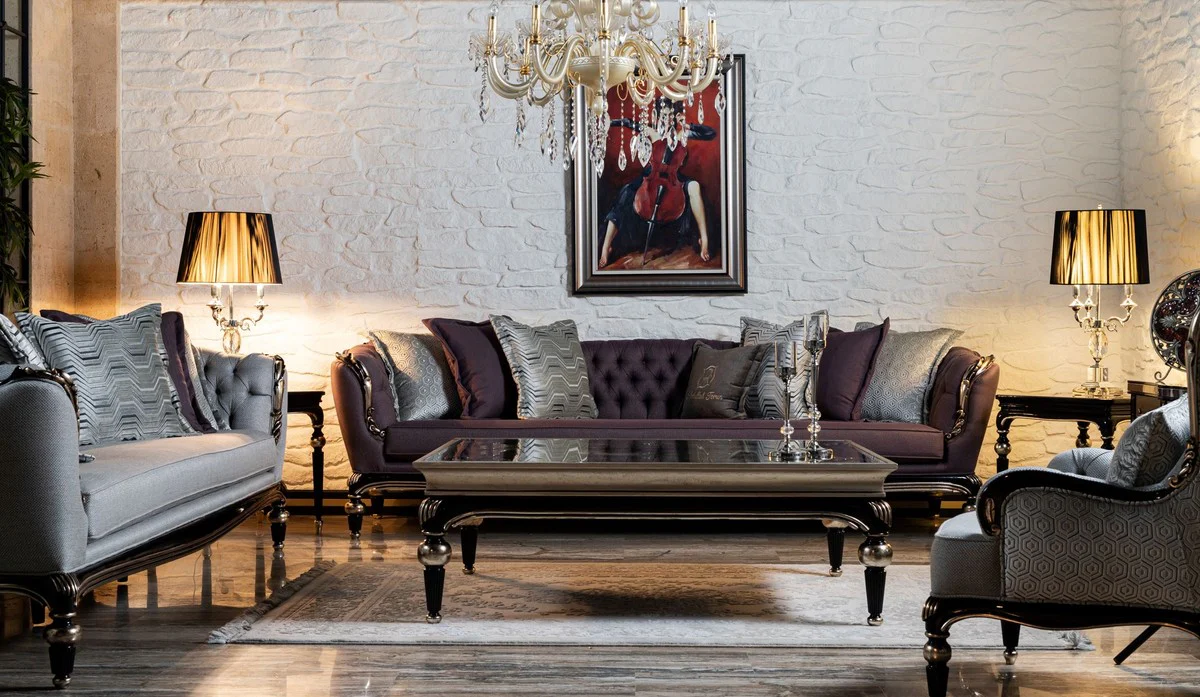 Luxury Baroque Coffee Table Silver / Black - Handmade Solid Wood Living Room Table with Glass Top - Baroque Living Room Furniture