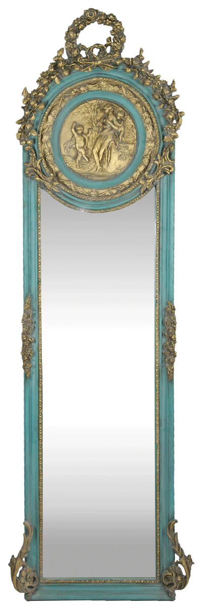 Baroque mirror turquoise / antique gold 55 x H. 175 cm - solid and heavy - antique style wall mirror