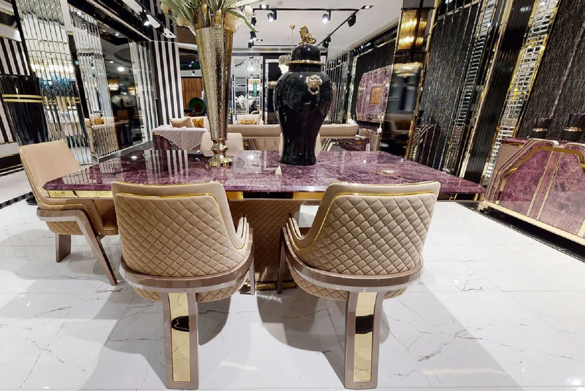 Luxury Art Deco Dining Room Chair Set with Armrests Beige / Gray / Gold - Kitchen Chairs Set of 6 - Luxury Dining Room Furniture - Art Deco Furniture - Luxury Furnishings - Art Deco Furnishings